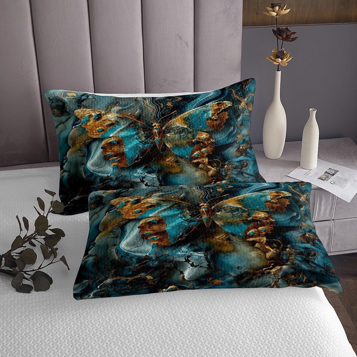 Erosebridal Butterfly Aesthetic Queen Quilt Set,Gold and Teal Marbling Coverlet Set for Kids Adults Gradient Marble Tie Dye Bedspreads Modern Abstract Art Bedding Sets