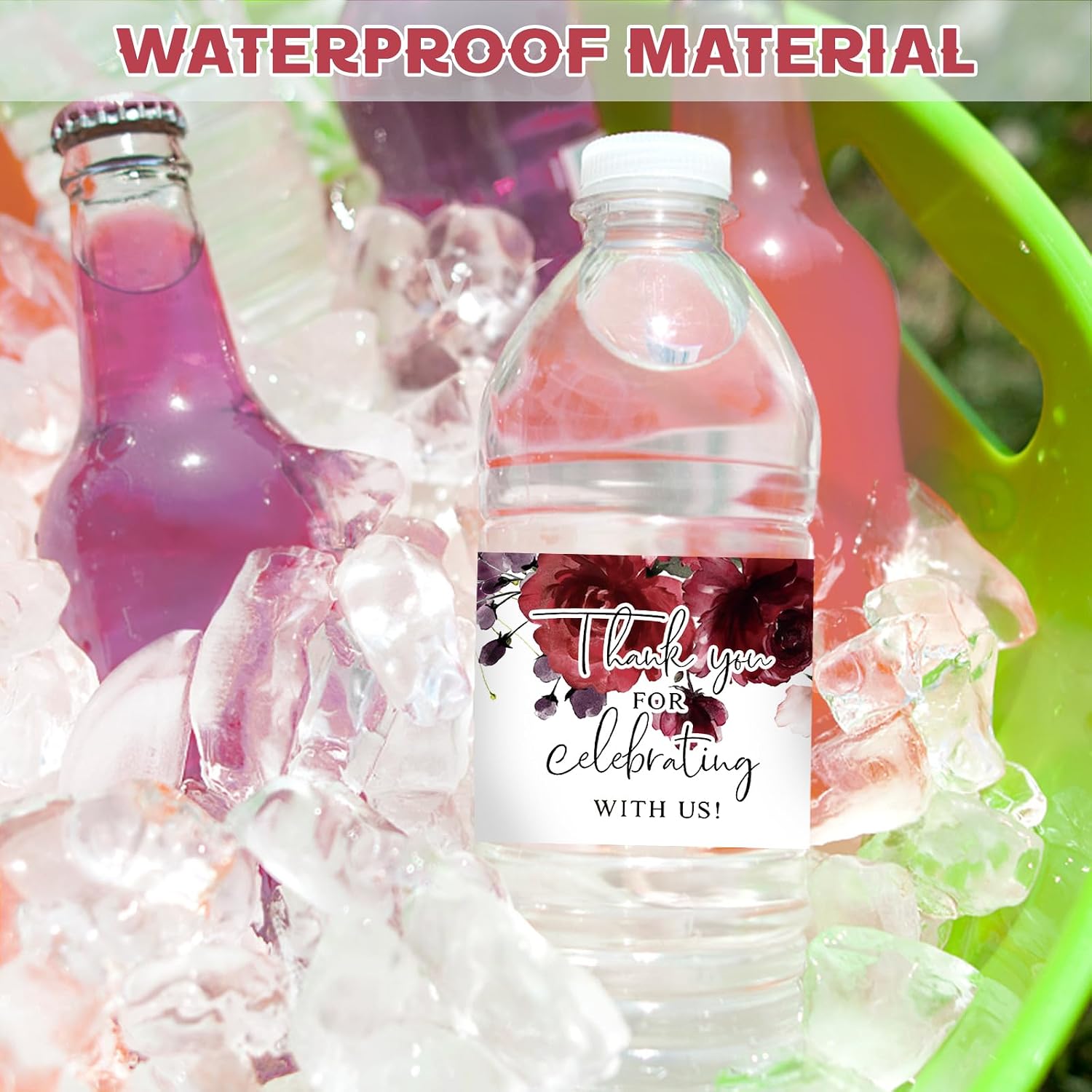 Red Flower Wedding Water Bottle Labels, 50Pcs Glossy Waterproof Wrappers Wraparound Label Thank You Stickers for Bridal Shower Birthday image 4