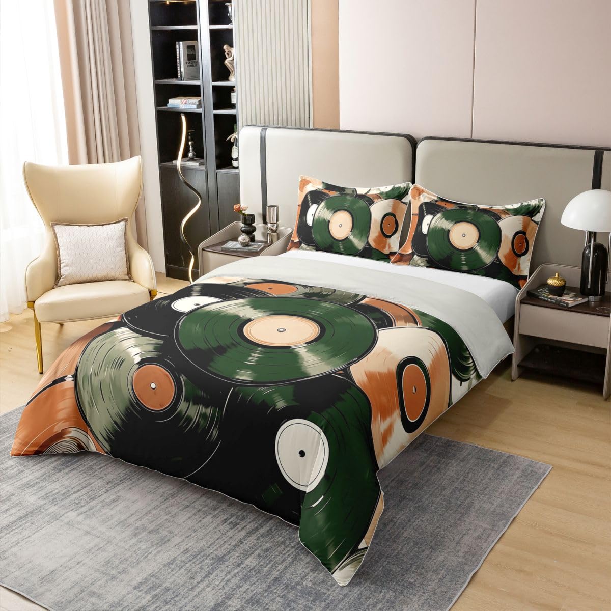 Homewish Set di biancheria da letto per letto super king size vintage con dischi in vinile retrò Art Coton copripiumino semplice e alla moda per amanti della musica