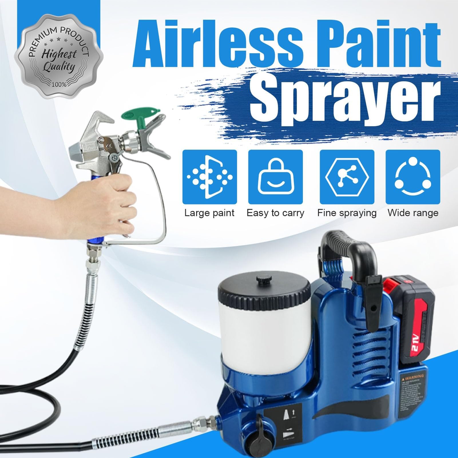 Máquina de Pintar Paredes Airless Inalámbrica, Pistola Pintura Electrica 500W con Batería 21V, Pulverizador de Pintura de Alto Caudal para Látex, Pistola Airless para Reformas del Hogar