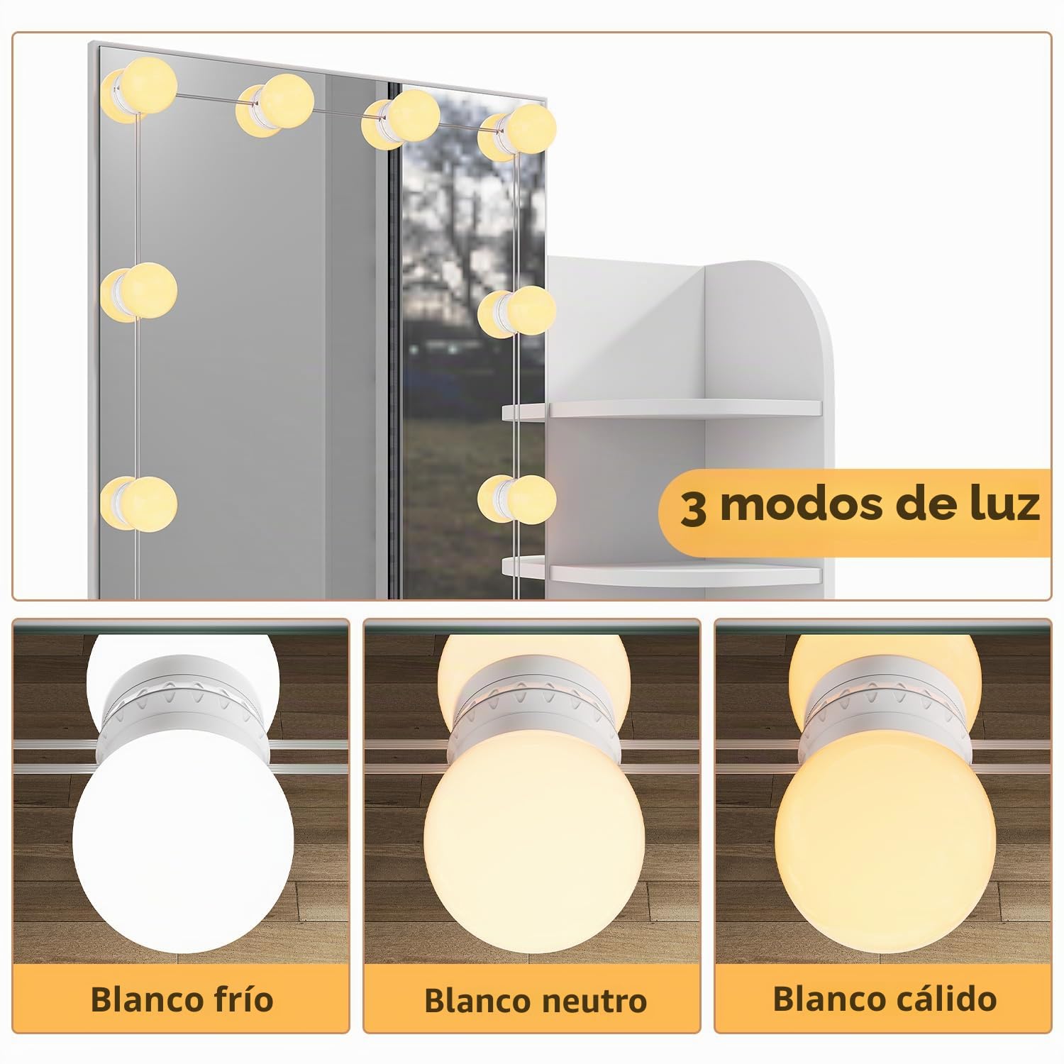 Tocador con espejo, 70 x 40 cm, con iluminación LED, para mujeres y niños, con cajones y estantes abiertos, 140 cm de altura (blanco)