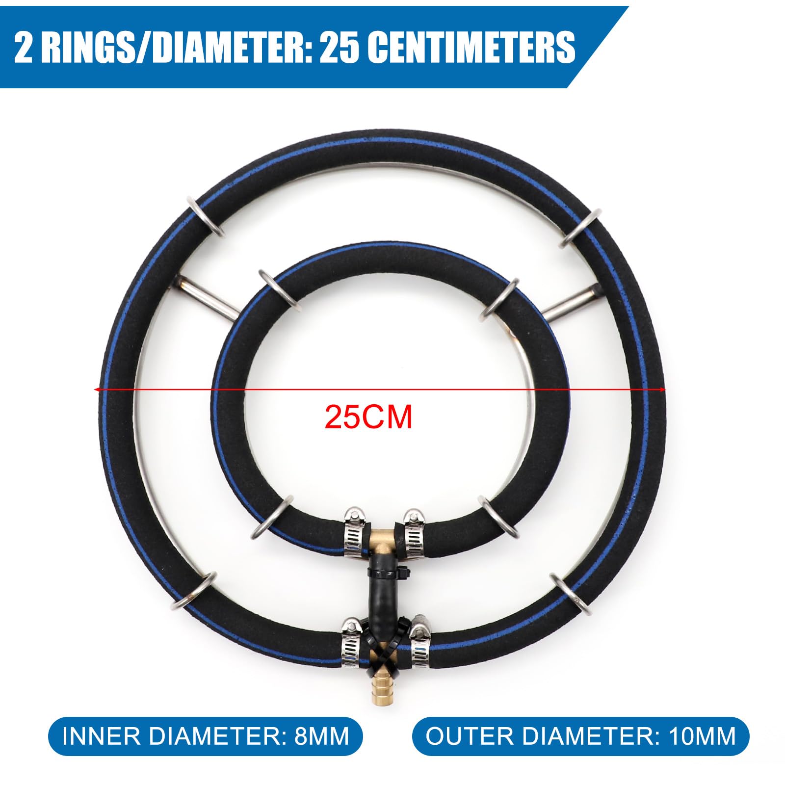 RANJIMA Belüfterring Koi Teich Belüftung Sauerstoff, Belüftungsring 2-in-1 Ringe Edelstahl 304, Rohrdurchmesser 8mm, mit φ9mm Schlauch 5m, für Gartenteich Aquarium Fischzucht (2 Schlaufe/Ø 25 cm)