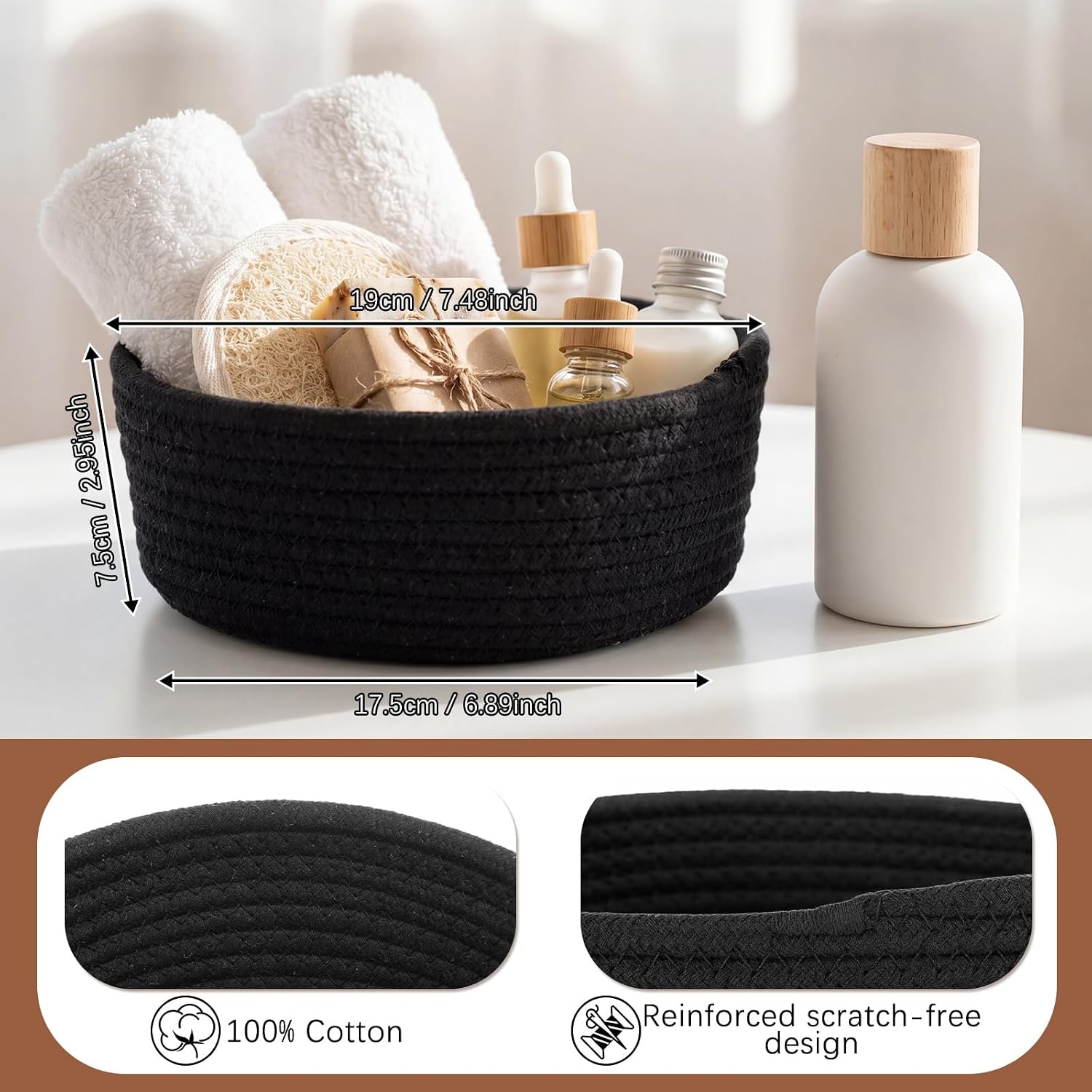 Yinkin 12 Pack Small Storage Basket Cute Natural Cotton Rope Woven Basket Tiny Boho Decorative Toy Storage Bin Gift Baskets for Home Organizing, Closet, Shelf, Nursery, Bathroom (Round,Black)