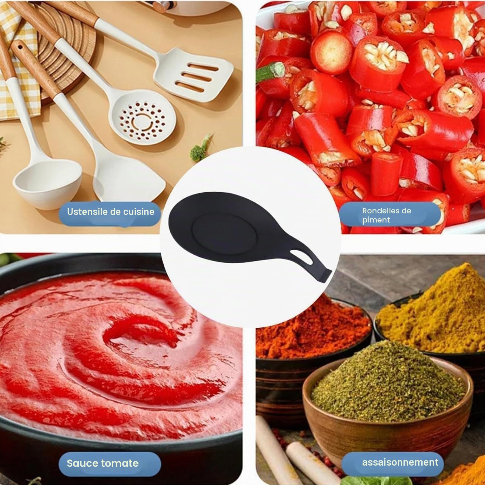 Repose Cuillère en Silicone, Porte Cuillère de Cuisine, Résistant à la Chaleur, pour Louches et Ustensiles (Noir)