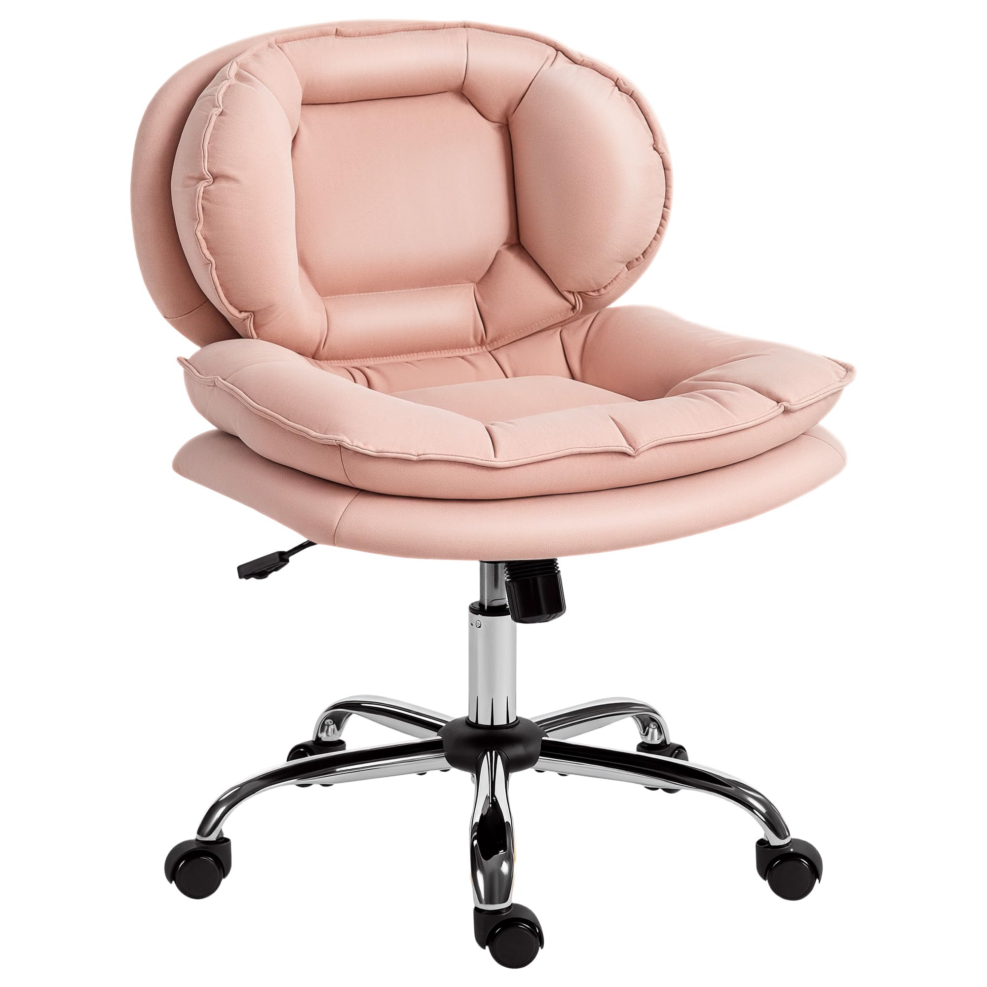 HOMCOM Silla de Oficina Piernas Cruzadas, Silla de Escritorio sin Brazos con Asiento Ancho, Ruedas, Altura Ajustable, Doble Acolchado, Giratoria, Función Basculante, Tapizada en PU, Rosa