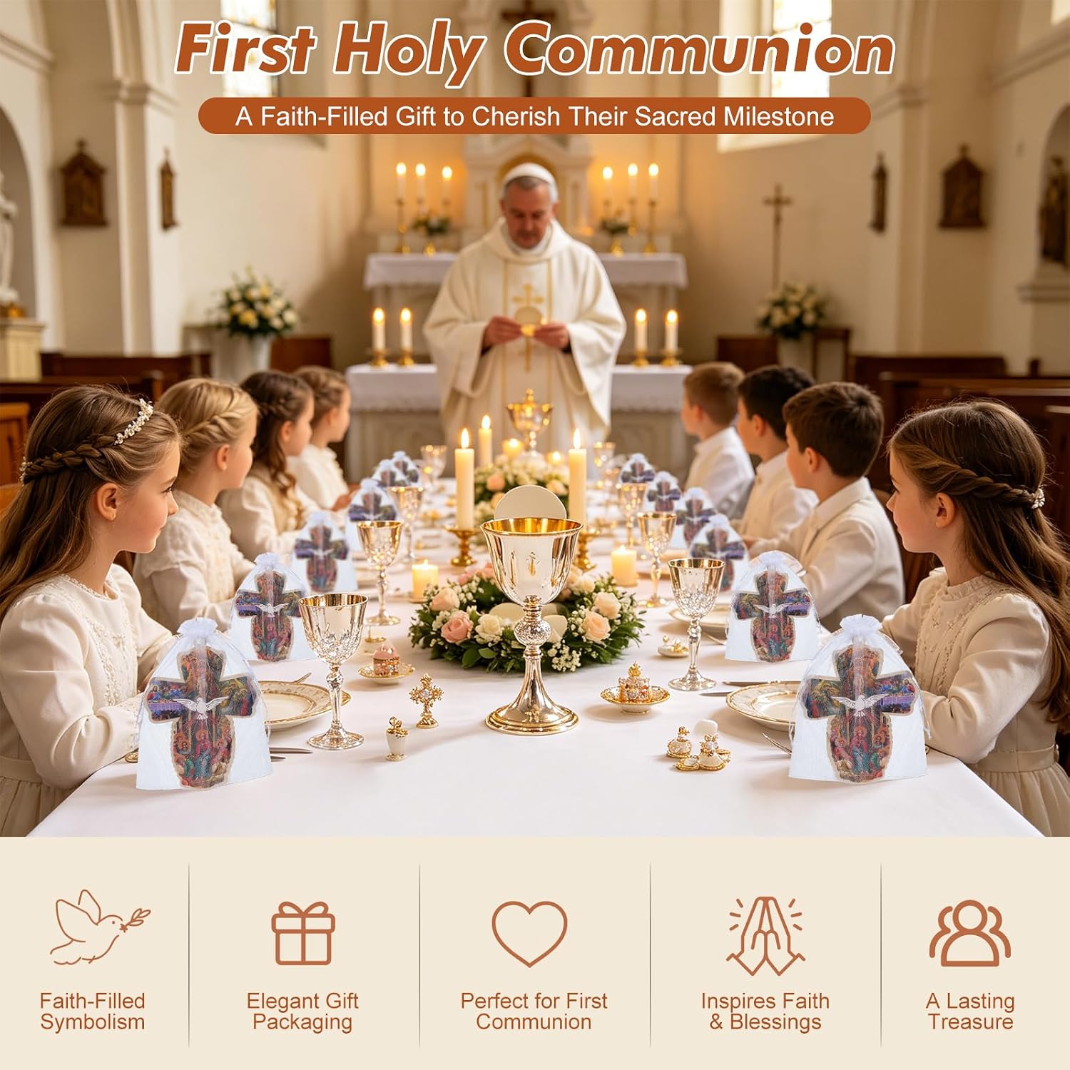 Kiramere 24 Pcs Holy Spirit Dove Cross First Communion Baptism Gifts with Organza Bags