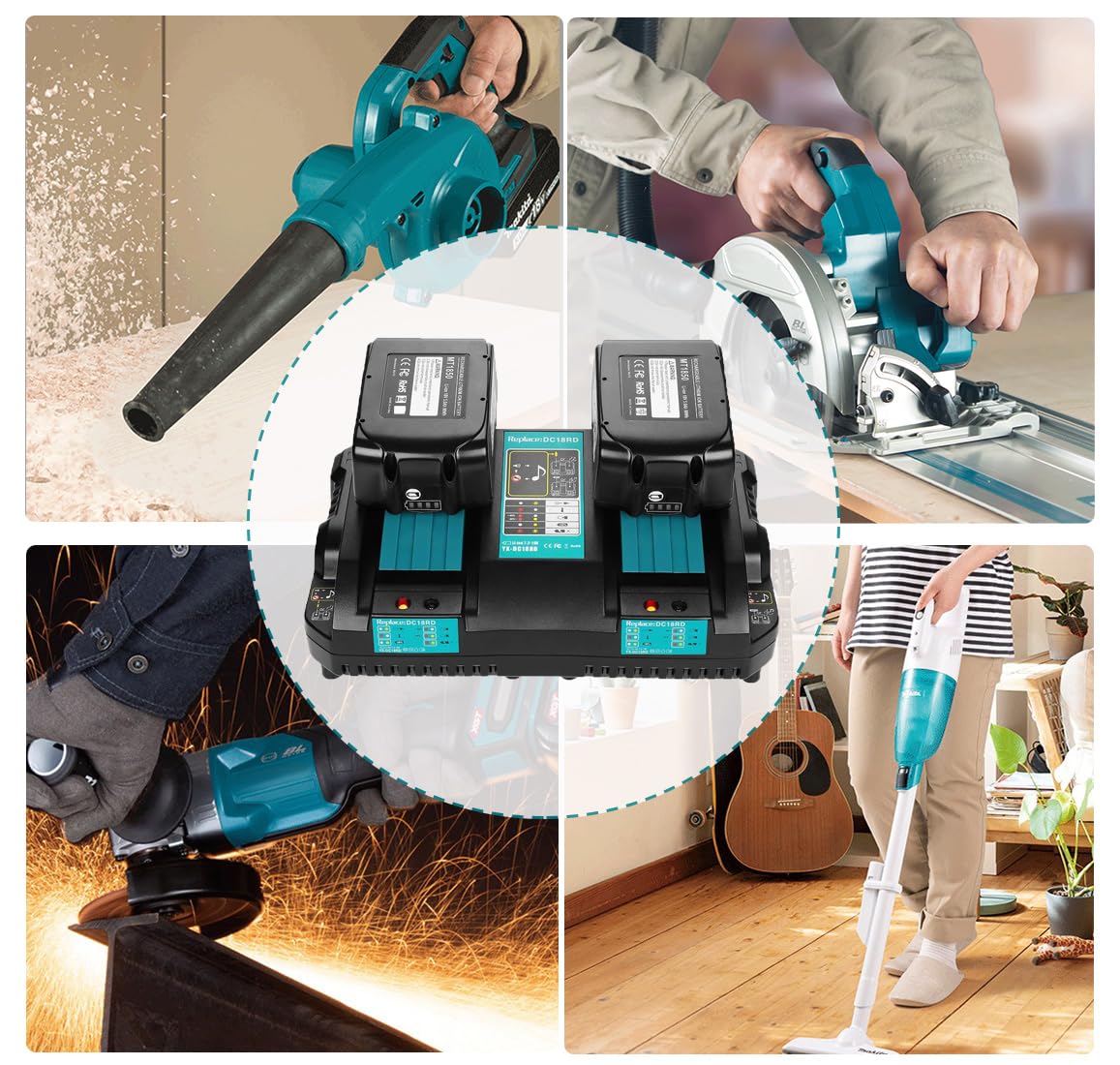 Akku Ersatz für Makita Akku 18V 5Ah 2 Stück BL1850B mit Ladegerät 18V Doppelladegerät DC18RD DC18SF Kompatibel mit Rasenmäher DLM432Z 2 x 18v DUC353 DUC355Z DDF485Z