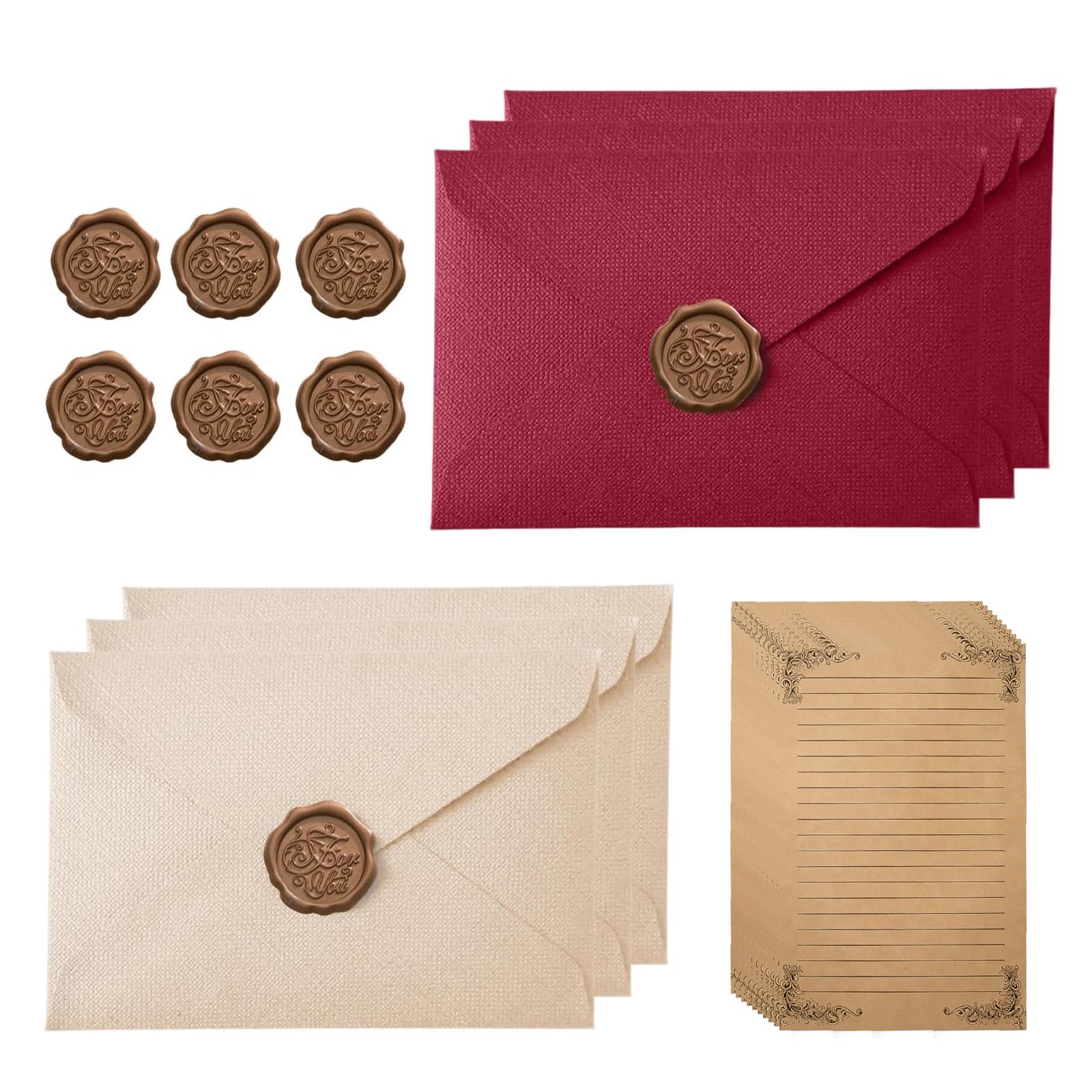 Vintage Envelopes Writing Set – 10 A5 Kraft Letter Papers with 6 Envelopes and 6 Wax Seal Stickers – Retro Writing Paper Set for Invitations, Greeting Cards and Birthday – Dark Red and Off-White