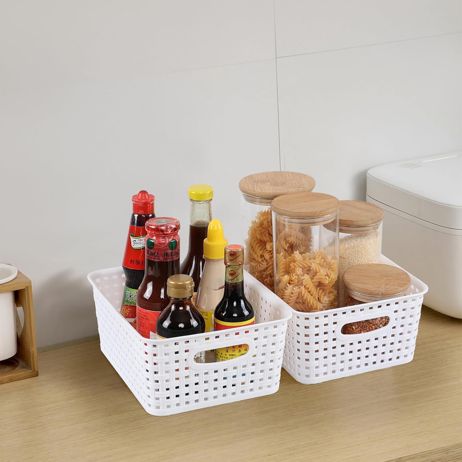 6-Pack Plastic Woven Storage Baskets, Kitchen Organizer Basket with Handles, Organizing Bin for Barthroom, Pantry, Classroom, Office, White - Image 6