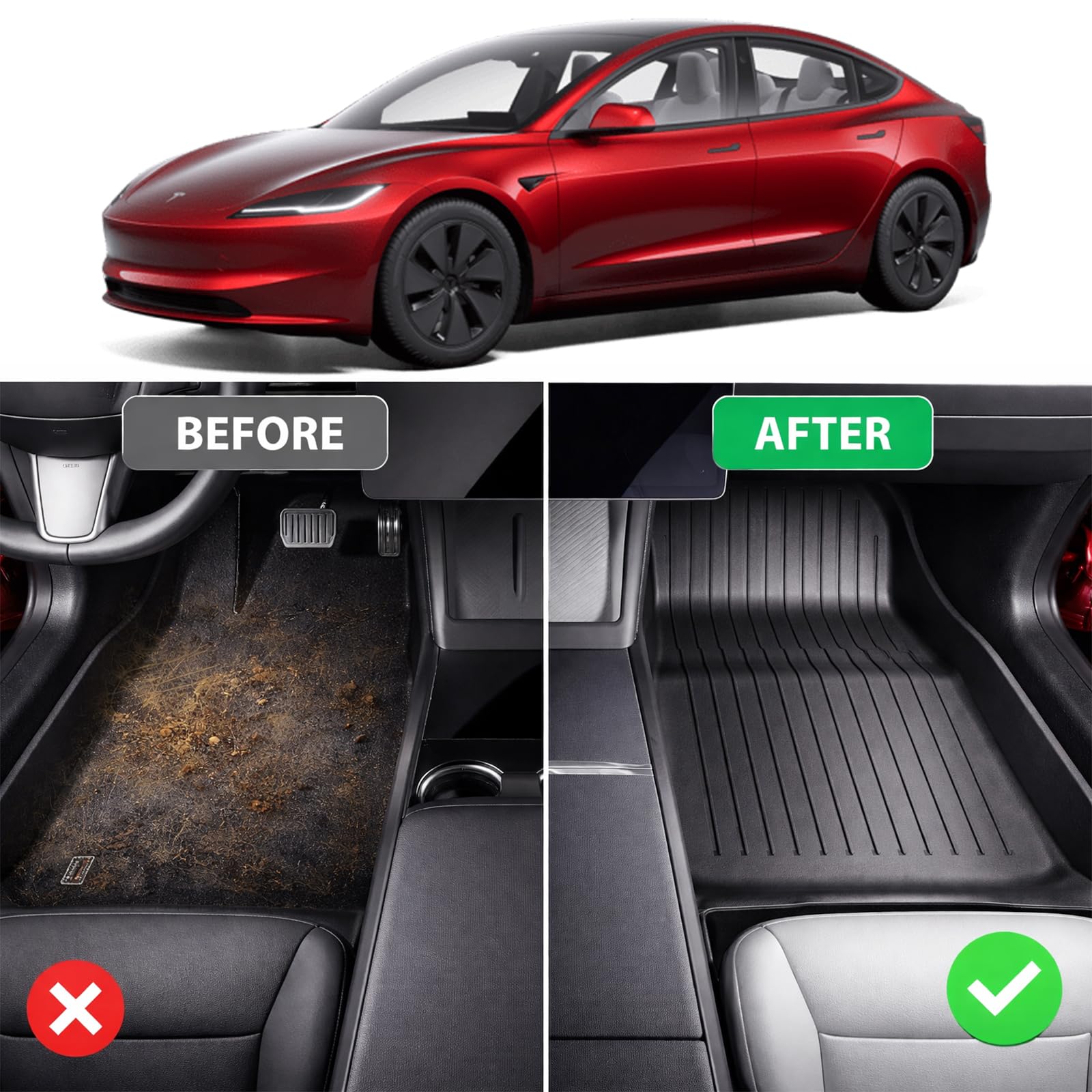 Juego de Alfombrillas 6 Piezas para Tesla Model 3 (2024-2025) - Tapetes de TPE Impermeables y Antideslizantes, Incluye Protector de Maletero y Frunk, Protección Todo Clima (Model 3)
