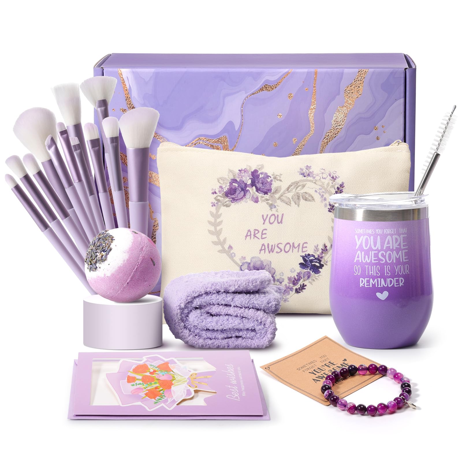 Gifts for Women, Birthday Gifts for Woman Mom Daughter Sister Wife with 12-Piece Makeup Brushes, Cosmtic bag, Thermos cup with straw, Socks, Bracelet Mothers Day Gifts