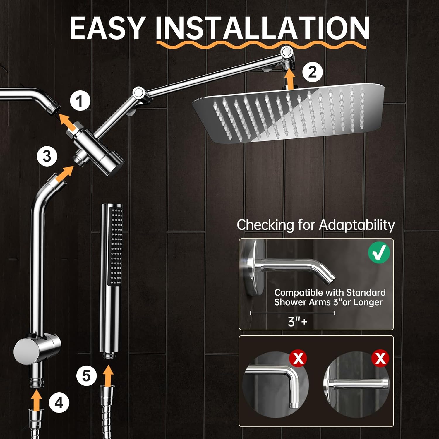 Veken All Metal 10" Shower Head with Handheld, Luxurious Square Double Rain Shower Heads,Power Wash Wand,Dual High Pressure Detachable Rainfall Showerhead with Spray Combo,Extension Arm,Chrome,Sliver