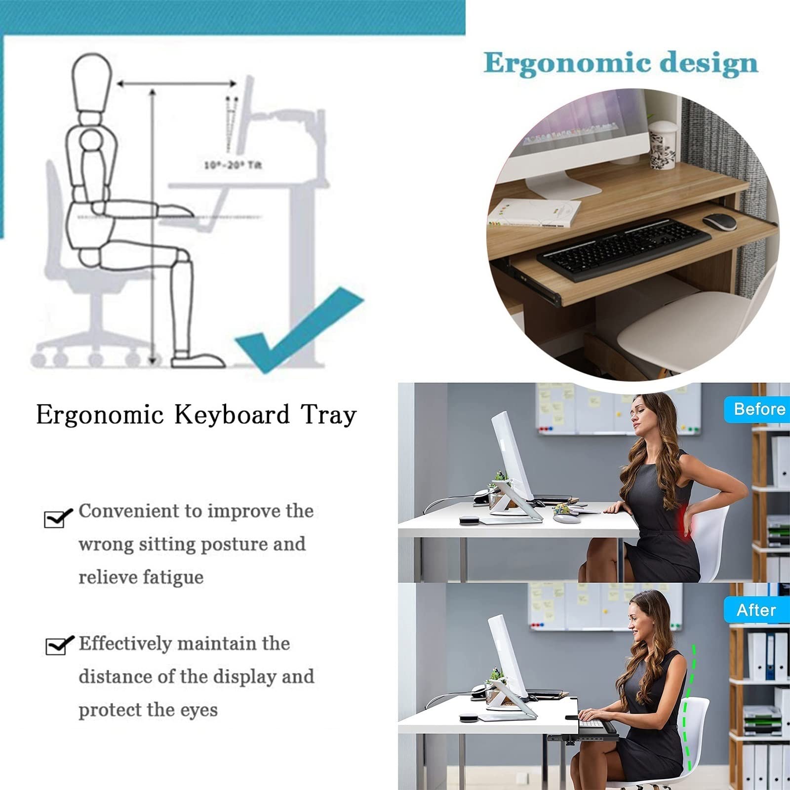 Vassoio per tastiera da 540/600/700 x 270 mm, in legno, estraibile, supporta fino a 24 kg di spazio aggiuntivo per scrivanie, ideale per uso domestico e ufficio