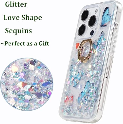 Miniatura 10 de FLOCUTE Funda con purpurina con soporte de anillo compatible con iPhone 15 Pro, funda con purpurina, soporte de anillo transparente, TPU suave,