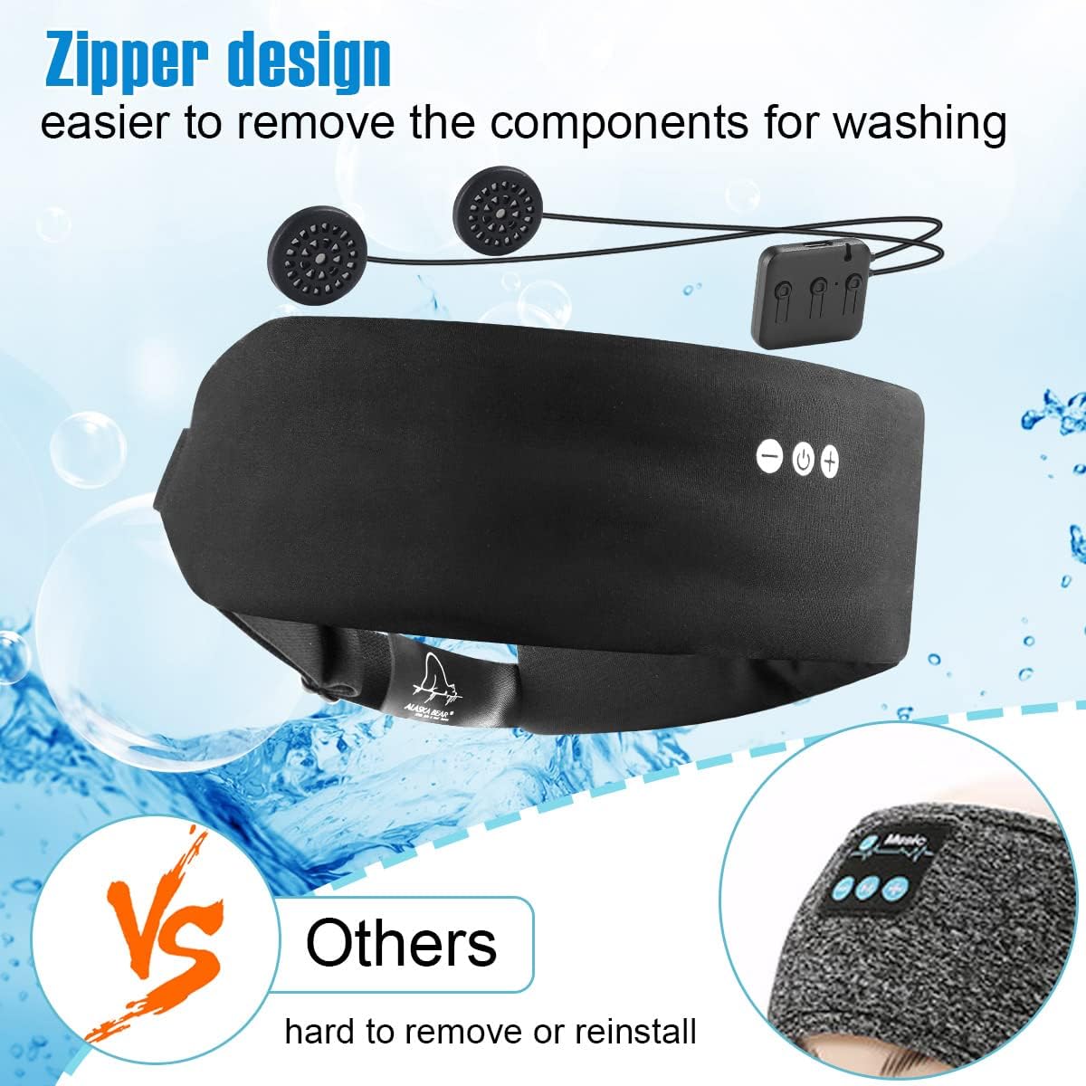 ALASKA BEAR Sleep Headphone Headband Bluetooth 5.2 HD Stereo Music Headset Noise Reduction Eye Mask w/Thin Speakers Wireless Audio Sports Headgear, Comfortable Flat Earphones for Sound Therapy