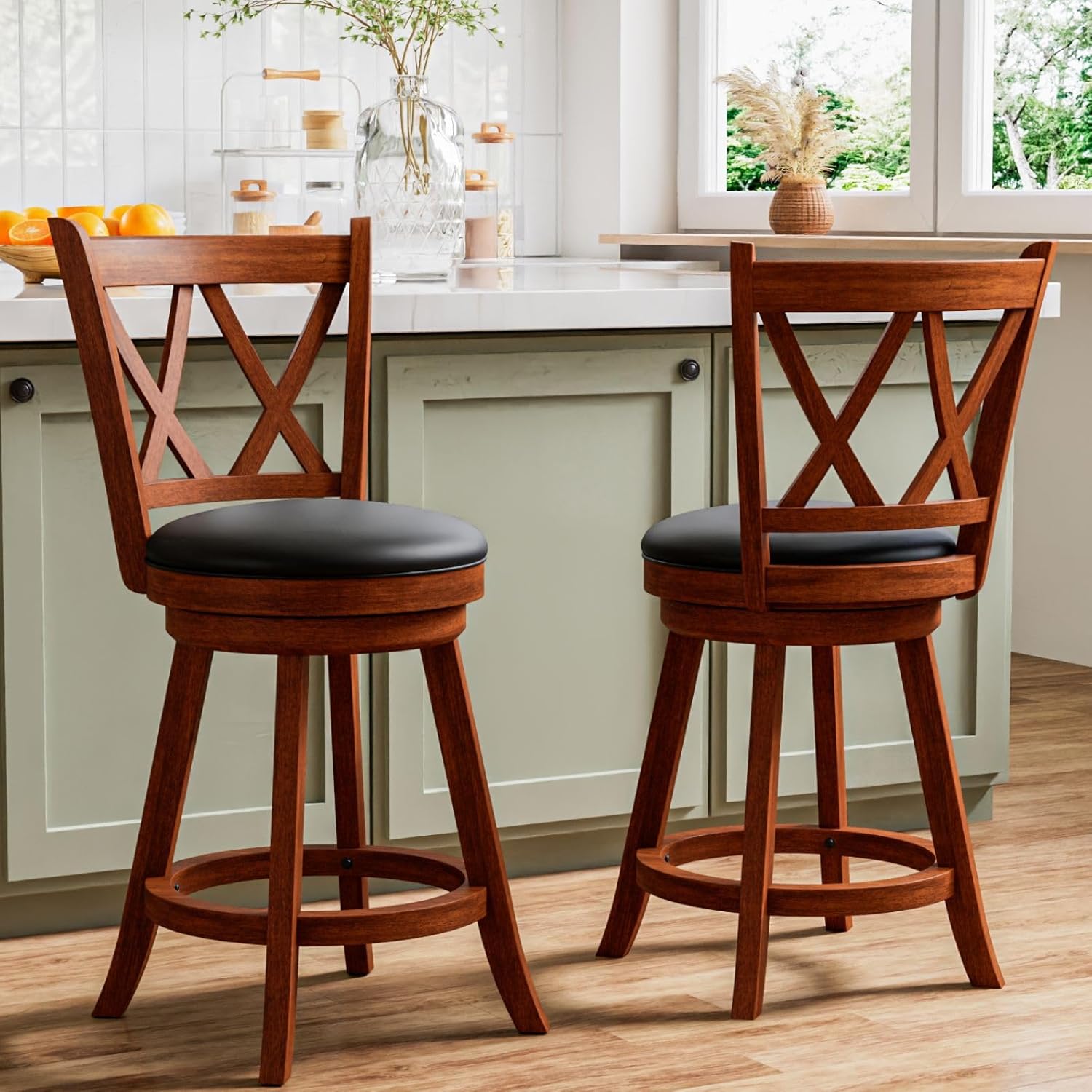 Swivel Bar Stools Set of 2, Farmhouse 24" Counter Height Barstools with Carved Backs, Upholstered Bar Chair with Solid Wood Legs & Footrest for Kitchen Island, Home Bar, Pub. Rustic Brown
