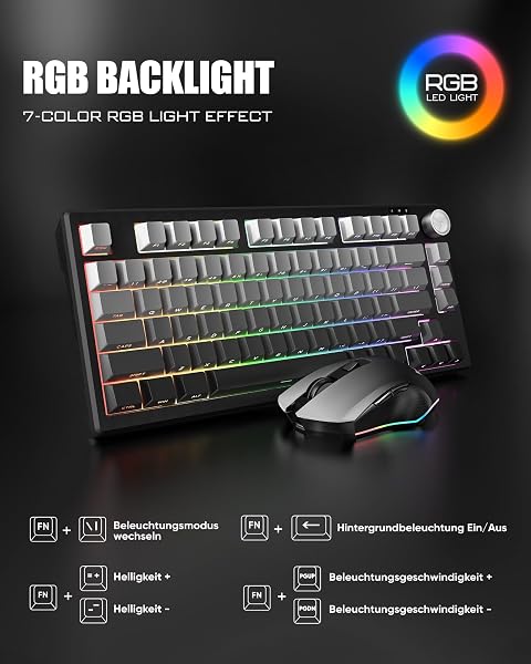 RedThunder K75 Gaming Tastatur und Maus Set Kabellos, 75% US Layout, Seitliche TKL Membrantastatur, 2,4G/USB/BT-Modus, Dual-Betriebssystem, Dreimodus-Maus, 4800 DPI, 4000 mAh (Gradient Grey) - 4