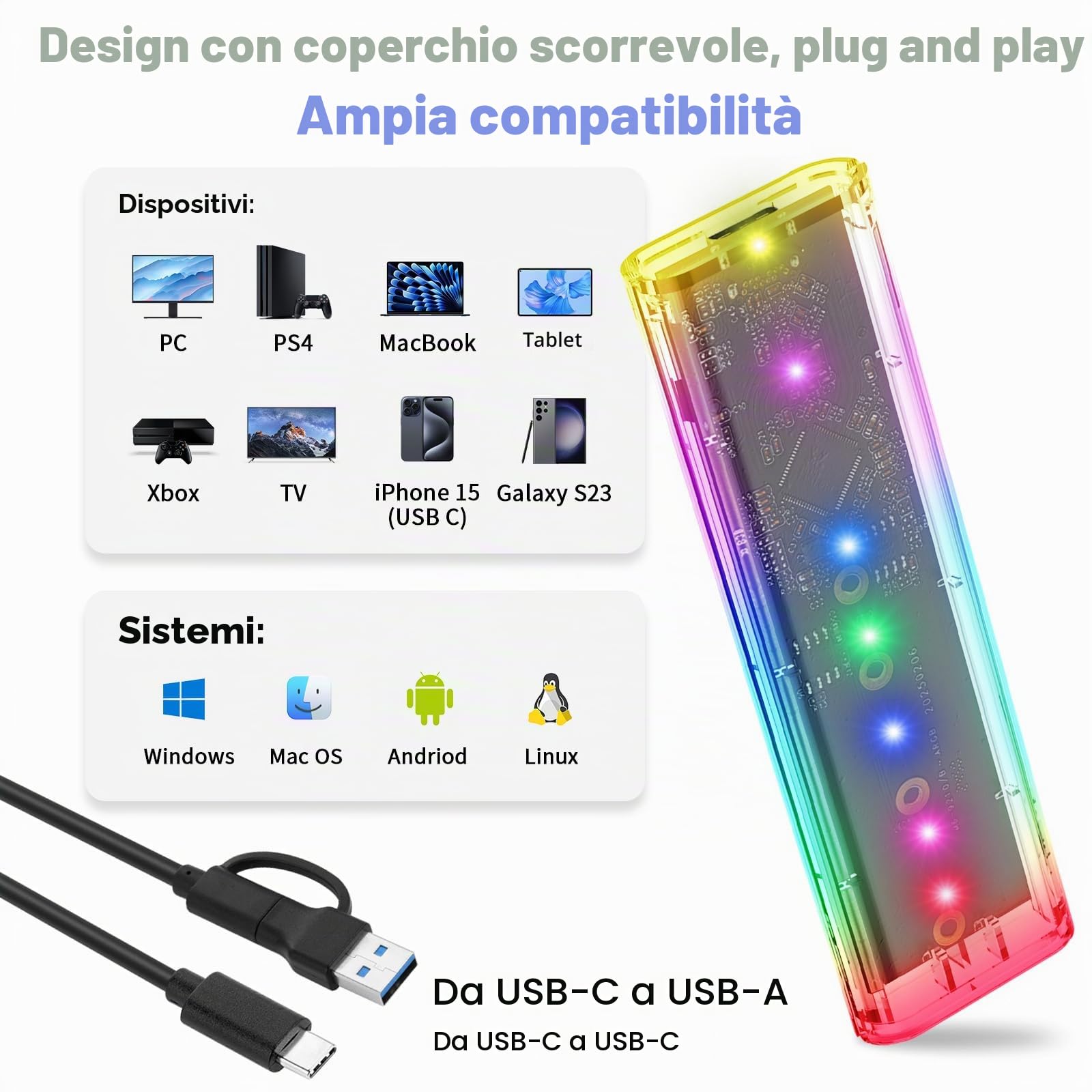 ELUTENG Case SSD M.2 NVMe USB 3.1 10Gbps Adattatore SSD M2 NVMe Senza Attrezzi Esterno Adattatore NVMe per PCIe M-Key SSD 2230/2242/2260/2280 Supporto UASP & Trim con Cavi USB C a C/A (Transaprent)