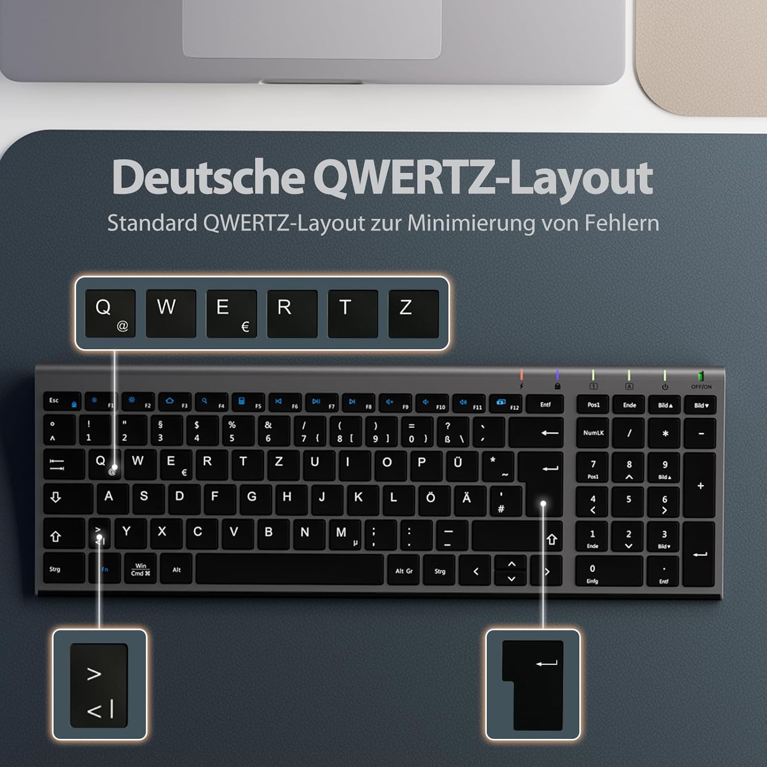 Close-up of the iClever GK03 keyboard showing the German QWERTZ layout