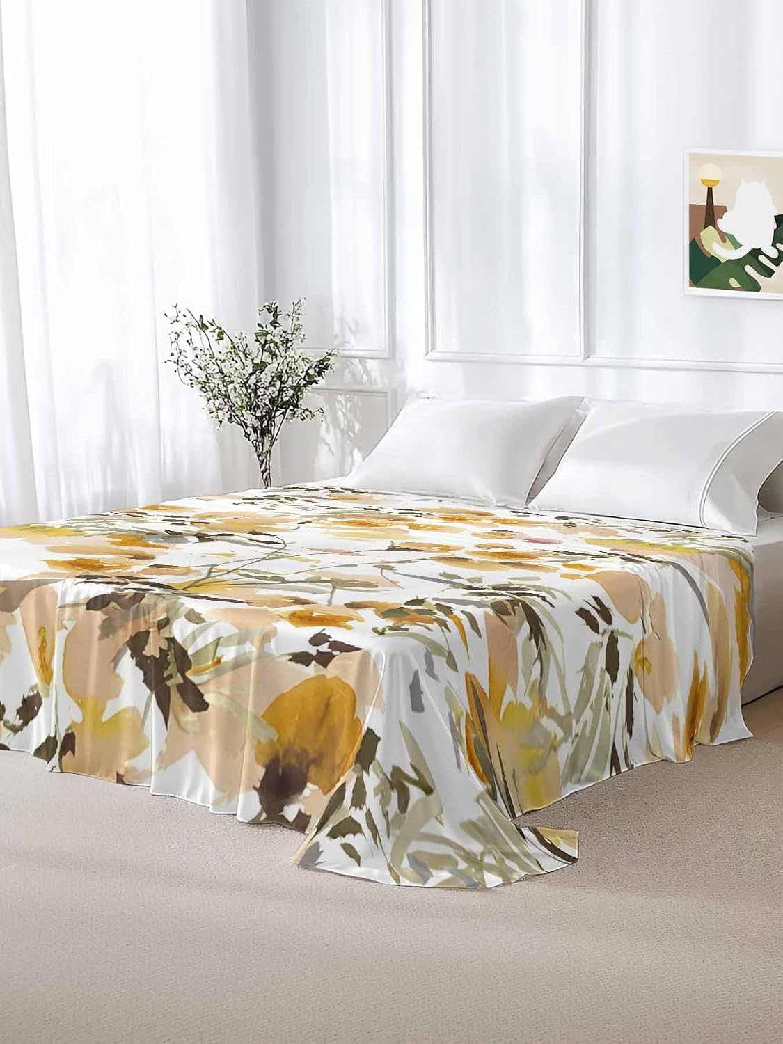 Top Sheet Full Bedding Flat Sheet Only, Pastoral Wild Flower Botanical Microfiber Bed Sheets Soft Breathable Bedding Flat Sheets, Summer Watercolor Floral Hotel Luxury Top Sheets