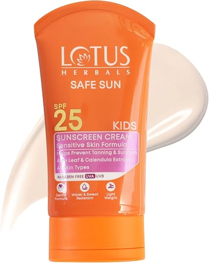 Lotus Herbals Safe Sun Kids Sunblock Cream SPF 25 | Sensitive Skin Formula, Sweat &amp; Waterproof | Gentle Broad Spectrum Pro...
