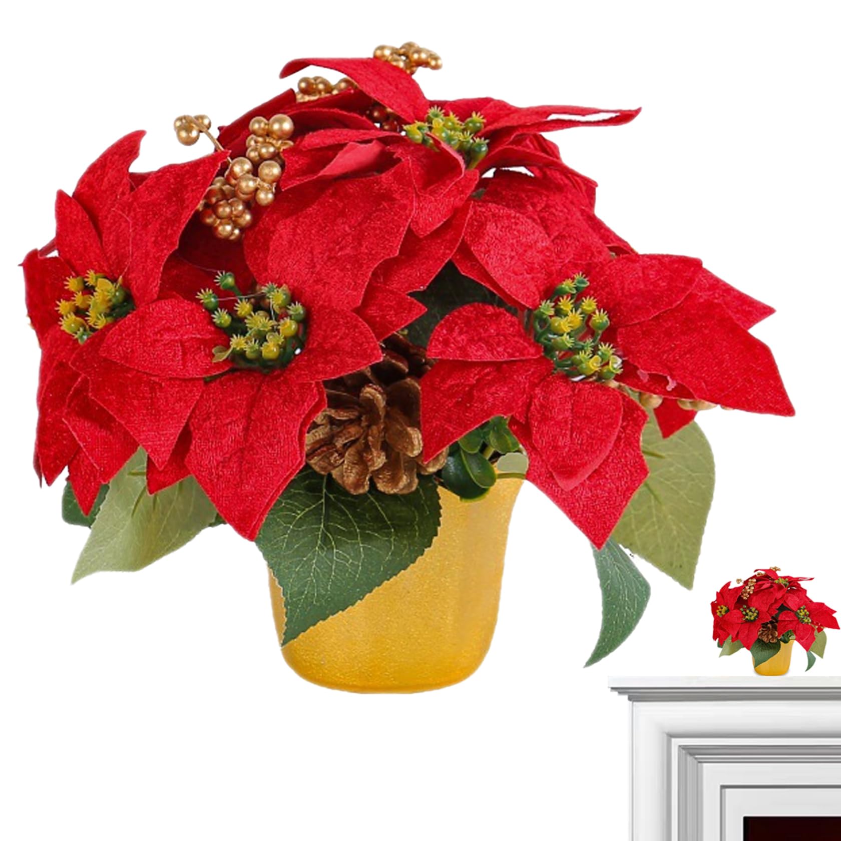 Poinsettia artificiel rouge en pot doré 7 têtes fausse plante de Noël