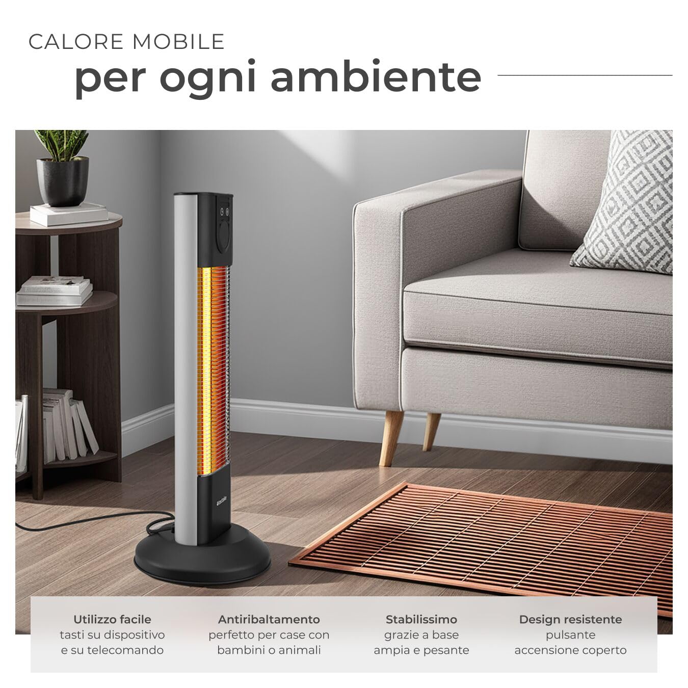 tectake® Radiatore a Infrarossi 1500W, LED, Timer, 3 Livelli di Potenza, Telecomando, Alluminio Inossidabile, Protezione Antiribaltamento, Riscaldamento Diretto, per camping, interno ed esterno - Nero
