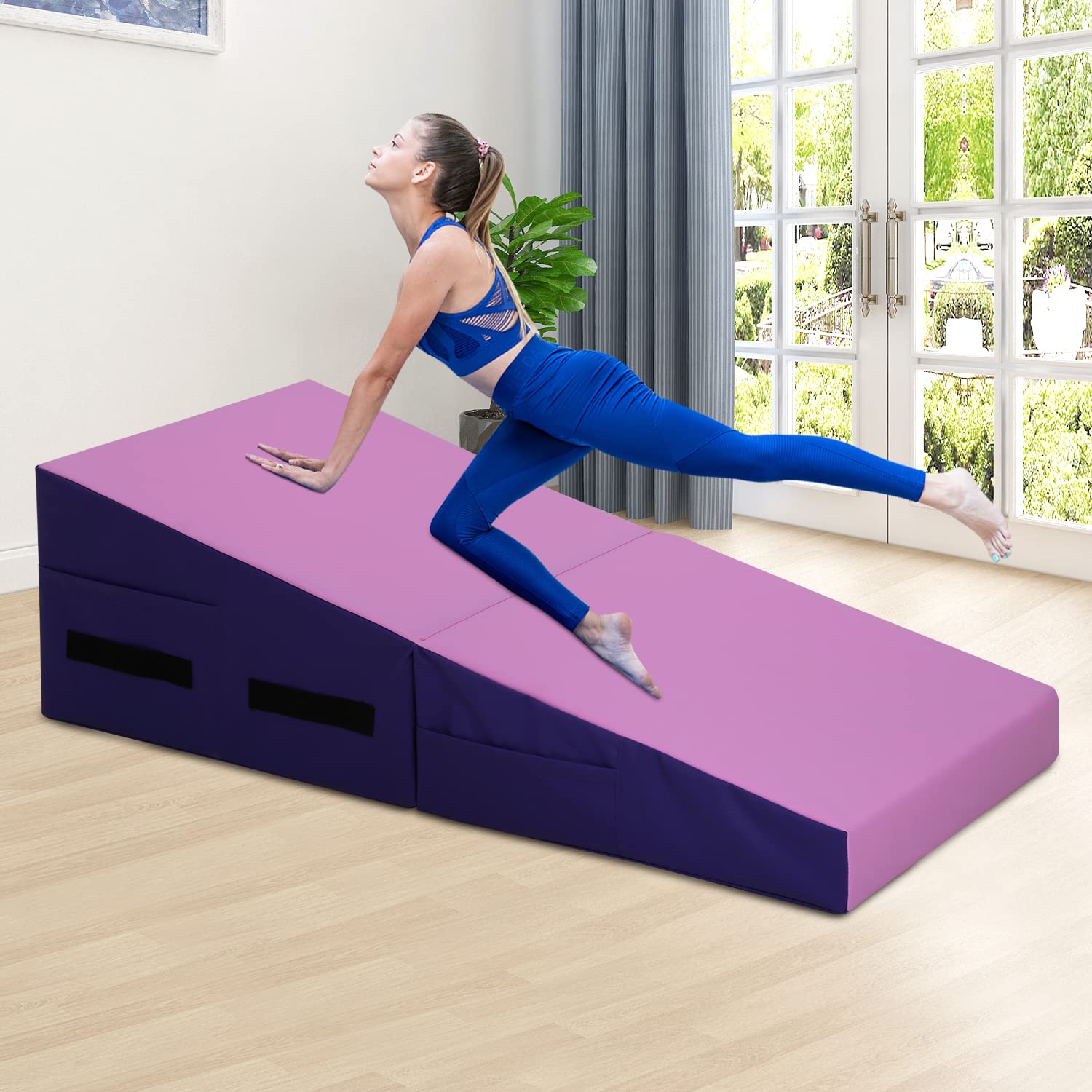 Tappetino da ginnastica inclinato a cuneo, 121 x 61 cm, tappetino pieghevole per esercizi interni ed esterni, tappetino da yoga con manico per bambini e ragazze, tappetino da formaggio