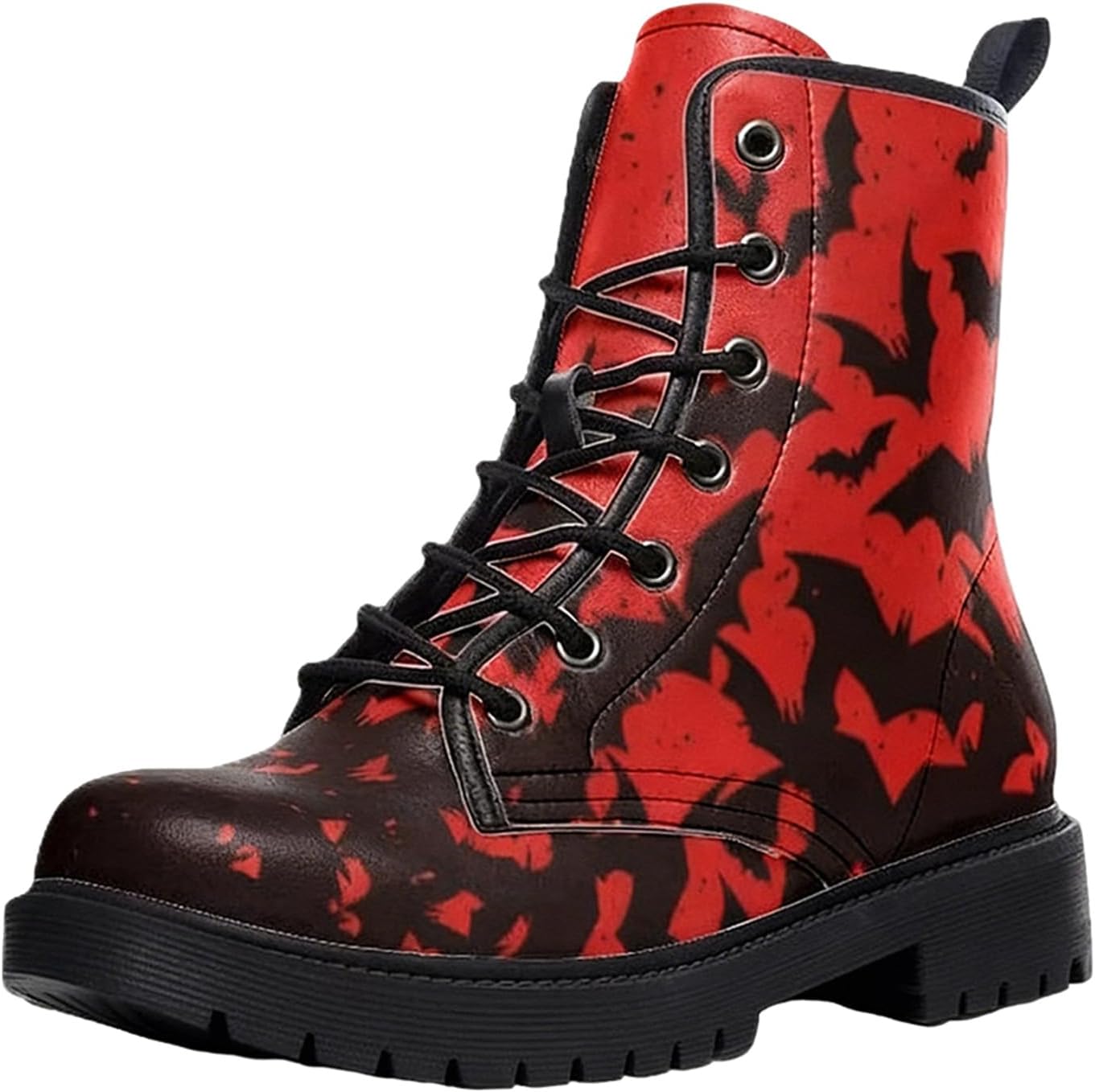 Women's Gothic Skull Pumpkin Ghost Monster Bat Print Combat Boots Punk Rock Style Lace-Up Ankle Booties Platform Chunky Heel Customizable Shoes for Daily Wear Halloween Cosplay Party, Red Bat