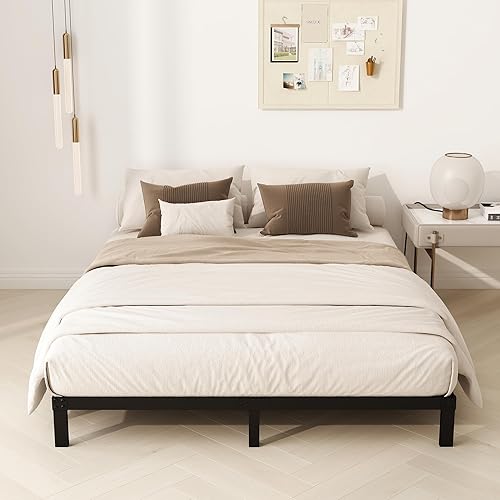Miniatura 8 de Marco de cama tamaño King de 8 pulgadas, marco de cama de plataforma de metal resistente, no necesita somier, sin ruido, fácil montaje, color negro