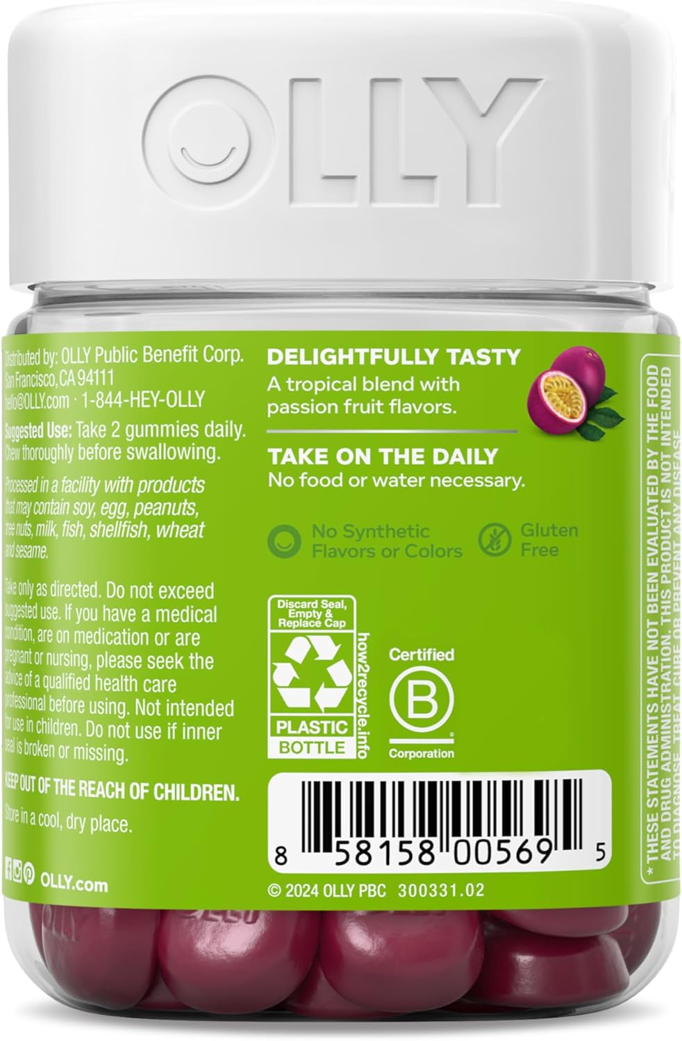 OLLY Daily Energy Gummy, Caffeine Free, Vitamin B12, CoQ10, Goji Berry, Adult Chewable Supplement, Tropical Flavor - 60 Count (Pack of 2)