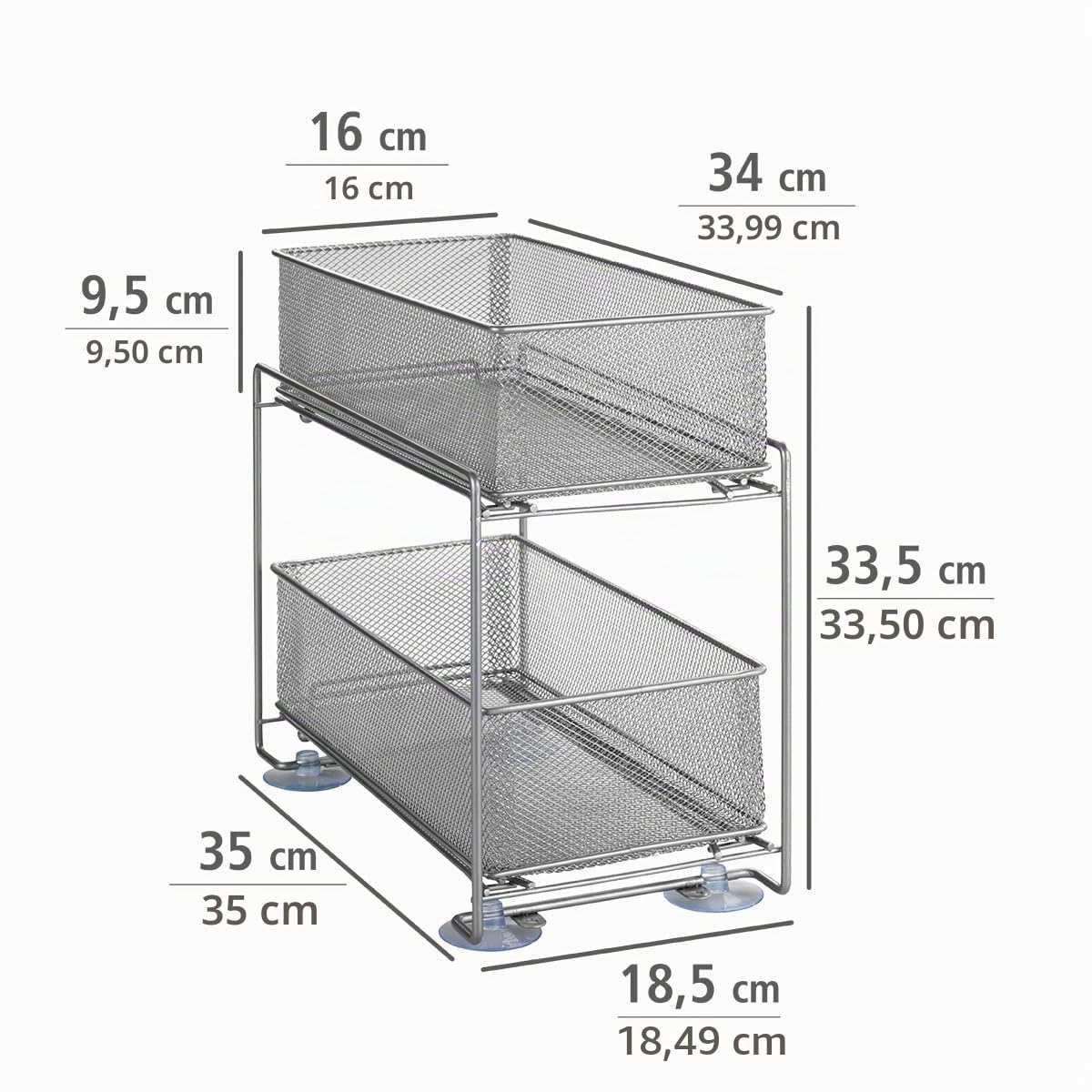 WENKO Schubladenregal Mod. Gioma, hochwertiger Organizer mit 2 Etagen und Korb-auszug für Küchenschrank oder Arbeitsplatte, Küchenregal aus pulverbeschichtetem Metall, 35 x 33,5 x 18,5 cm, Silber-Matt