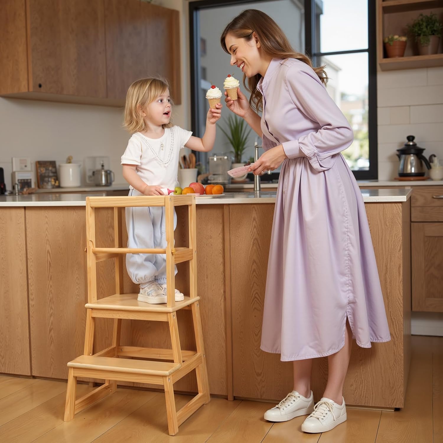 Kitchen Step Stool for Kids with Safety Rail,Toddler Standing Tower for Kitchen Counter, Baby Montessori Stool,Solid Wood Construction,Natural