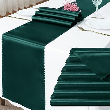 Satin Table Runner, Dark Green, 12 x 108 Inch, 6 Pack | Bright Smooth, Scalloped Edges, Silky, For Weddings, Banquet, Birthday Parties, Graduations