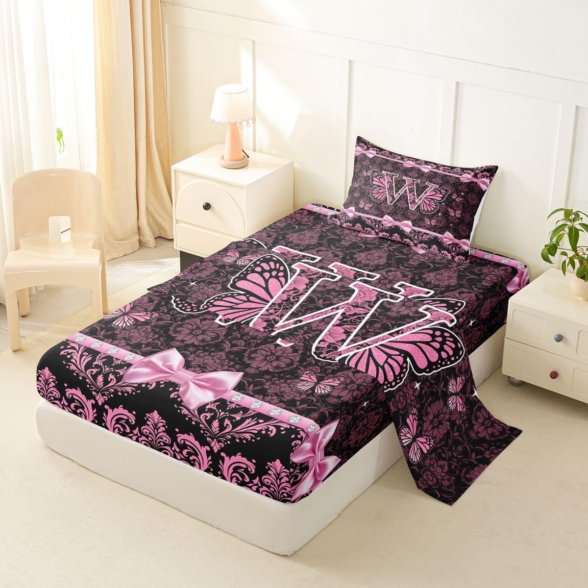 Erosebridal Coquette Aesthetic Butterfly Letter W Sheet Set Victorian Damask Pink Bow Twin Sheets Set for Toddler Boys,Glam Preppy Y2K Initial Monogram Feminine Princess Floral Fitted Sheet
