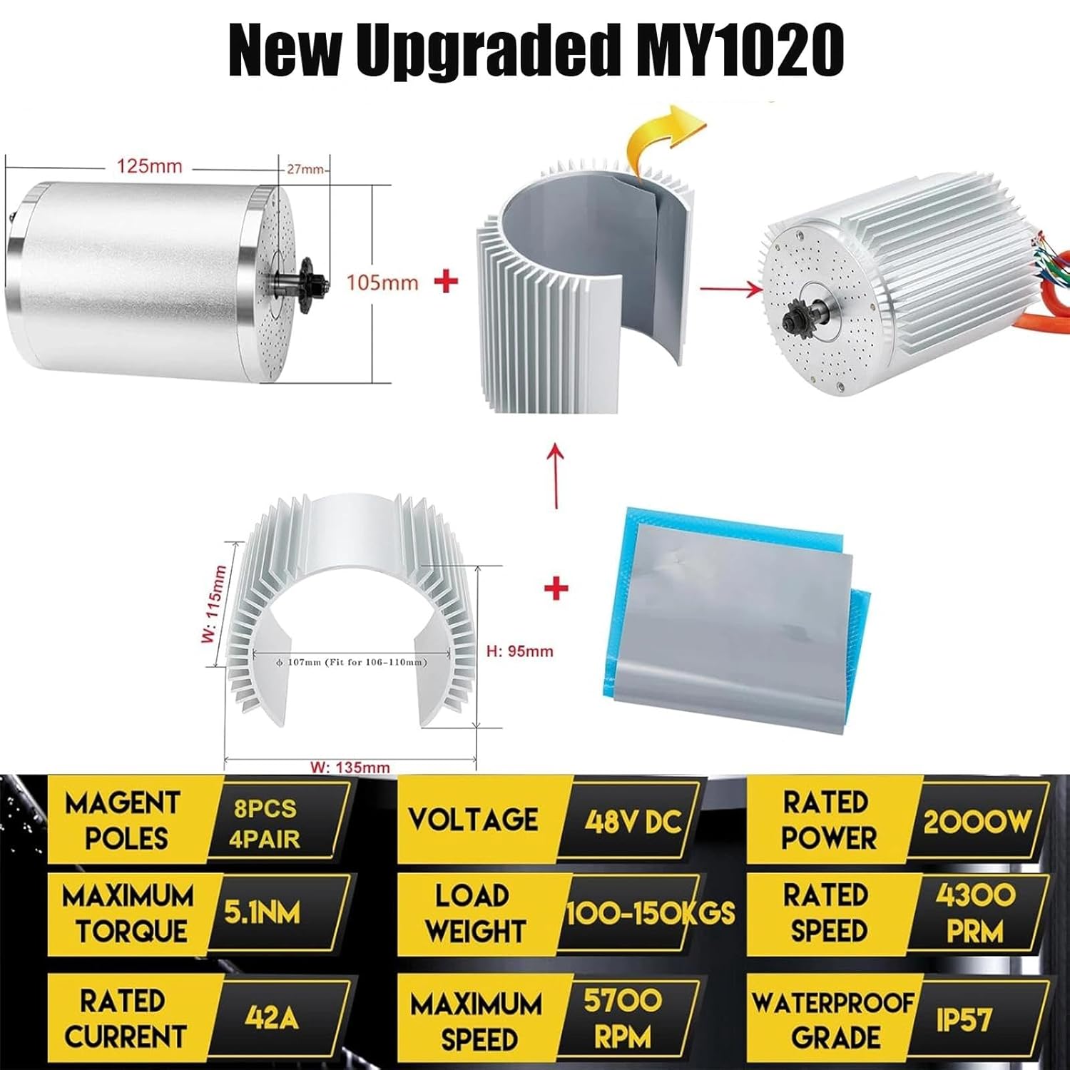 Kunray Electric DC Motor 48V 2000W Motor, Electric Scooter Brushless Motor Max Speed 5700rpm, Electric Dirt Bike Motor Engine, Go Kart Electric Motor with Temperature Sensing