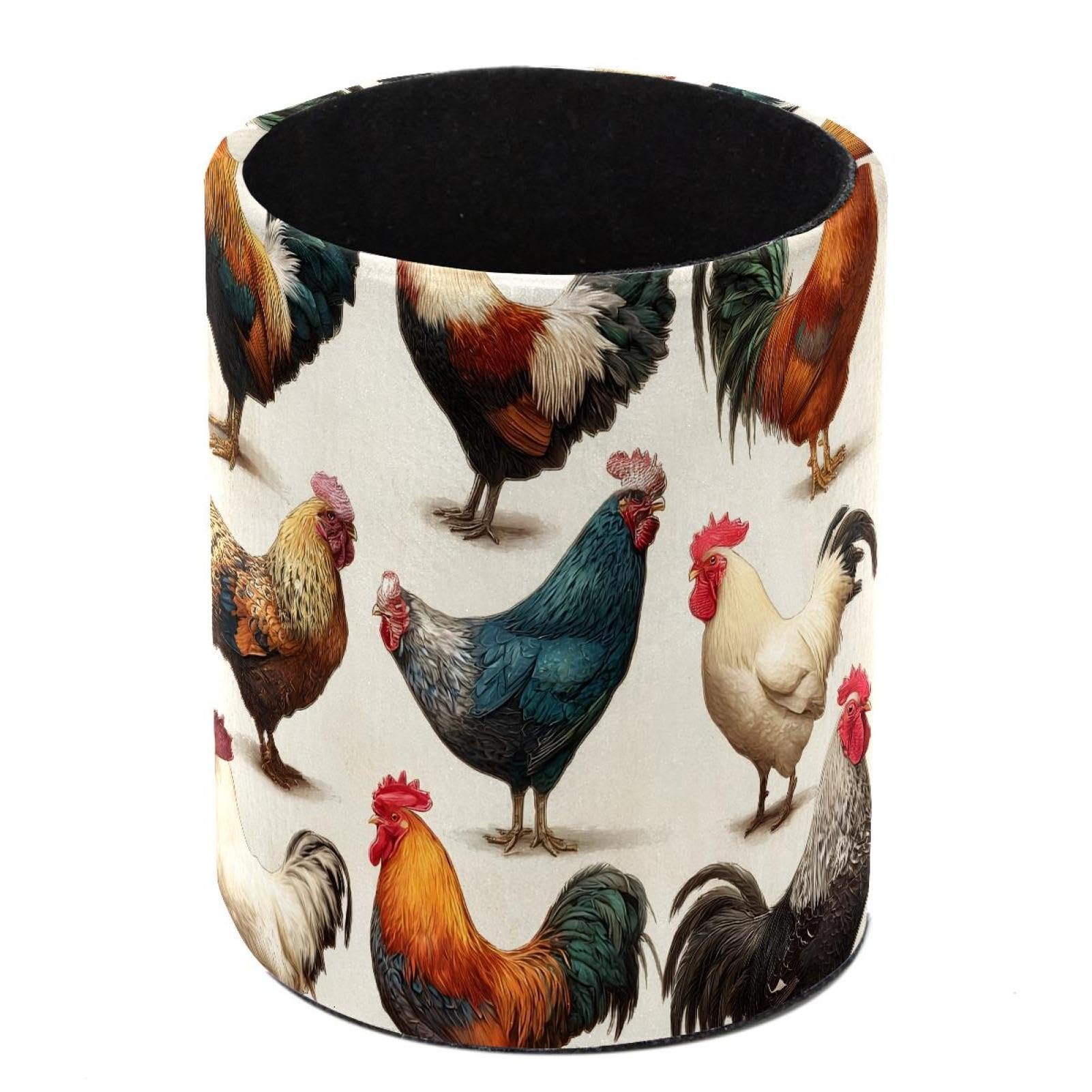 HEOEH Chicken Rooster Hen Breeds Collection Pen Holder for Desk, PU Leather Pencil Holder Pen Cup Marker Holder Makeup Brush Holders, Desk Accessories & Workspace Organizers for Home, Office