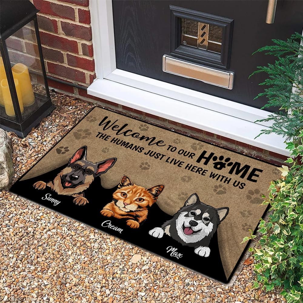Personalized Dog Cat Doormat, Welcome to Our Home, Funny Dog & Cat Welcome Home Door Mat, Non Slip Indoor Outdoor Entrance Rug, House Decor