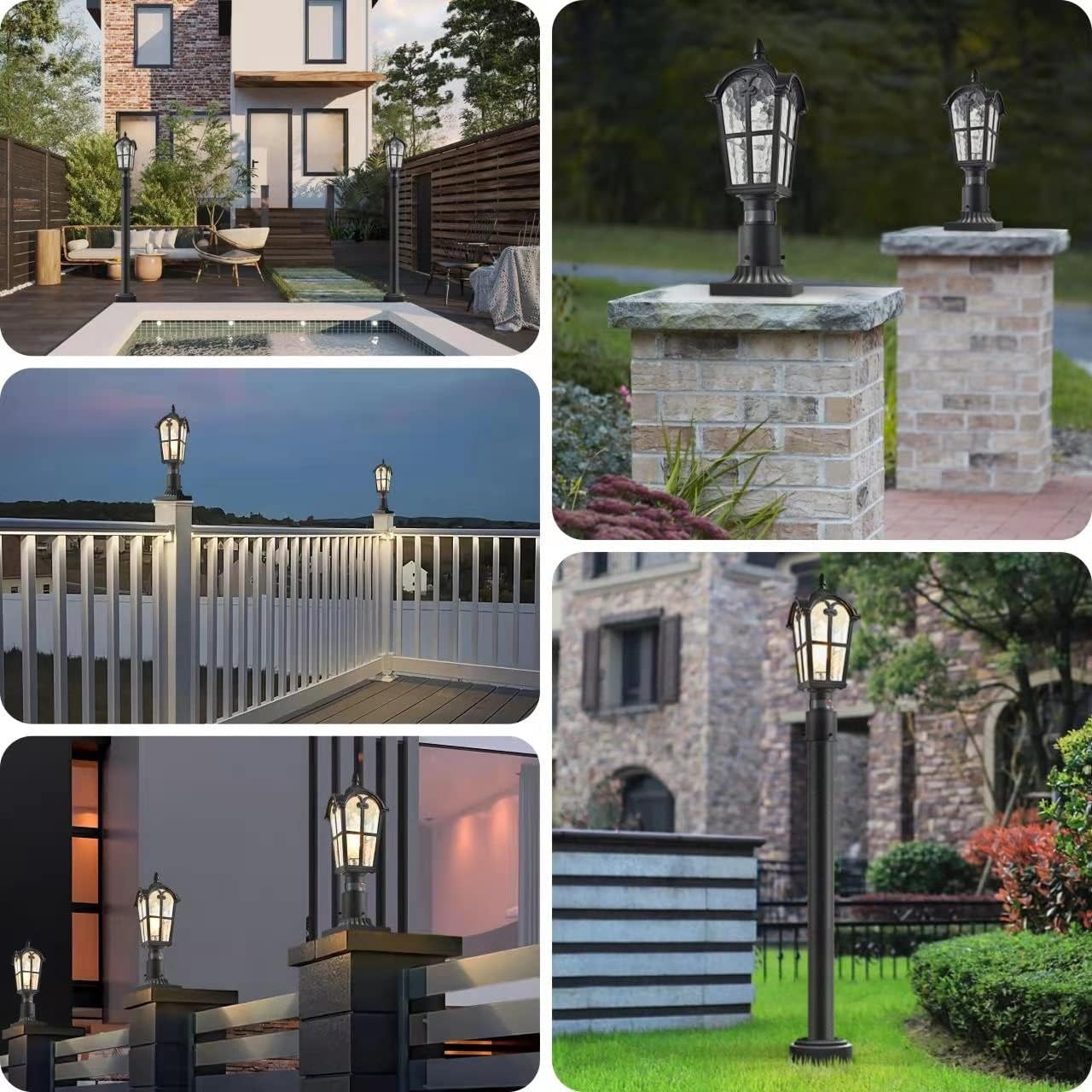 Outdoor Post Light Fixture, Set of 2 Dusk to Dawn Motion Senior Exterior Post Lamp IP65 Waterproof Pole Lantern Lighting Fixtures, Sand Textured Black with Water Ripple Glass,Not Included Base