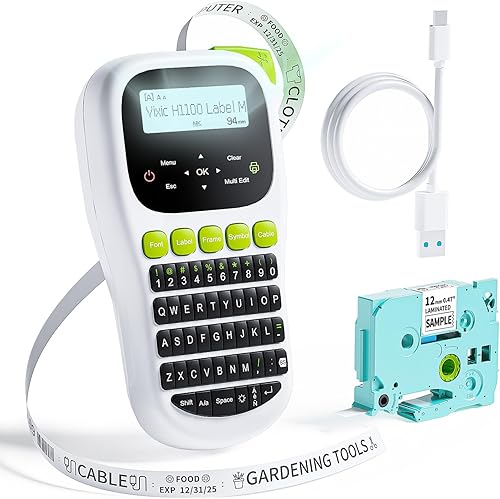Máquina etiquetadora de etiquetas, H1100 QWERTY portátil con pantalla LCD retroiluminada para organización del hogar y la oficina, múltiples