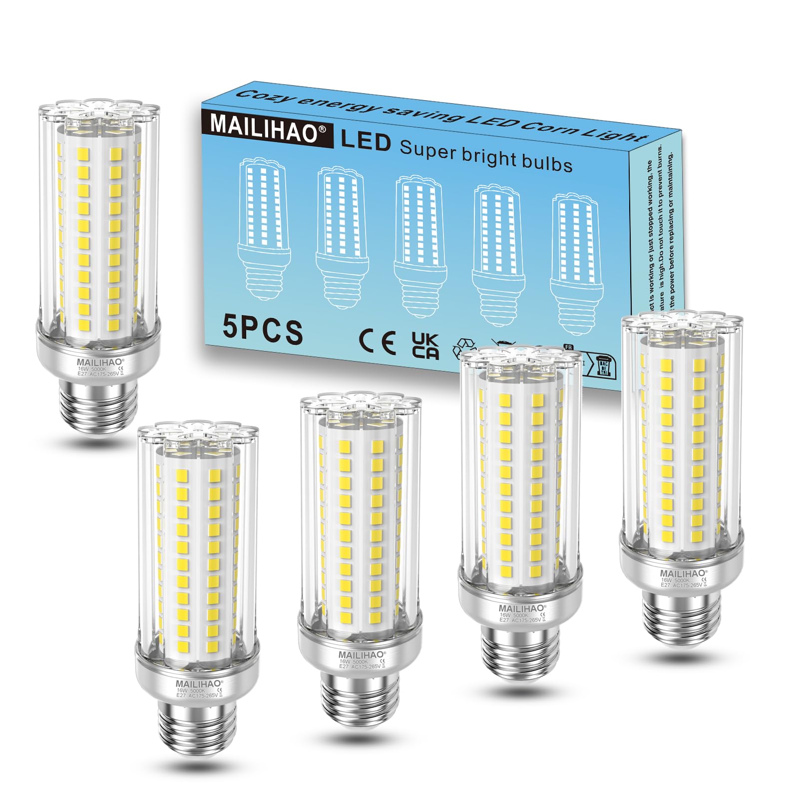 MAILIHAO E27 Lampadine LED 16W 5000K Bianco Freddo 1900LM, Equivalenti a 120W 150W Lampada Alogena, Angolo 360, Edison, Non Dimmerabile, Nessun Sfarfallio, 5 Pezzi