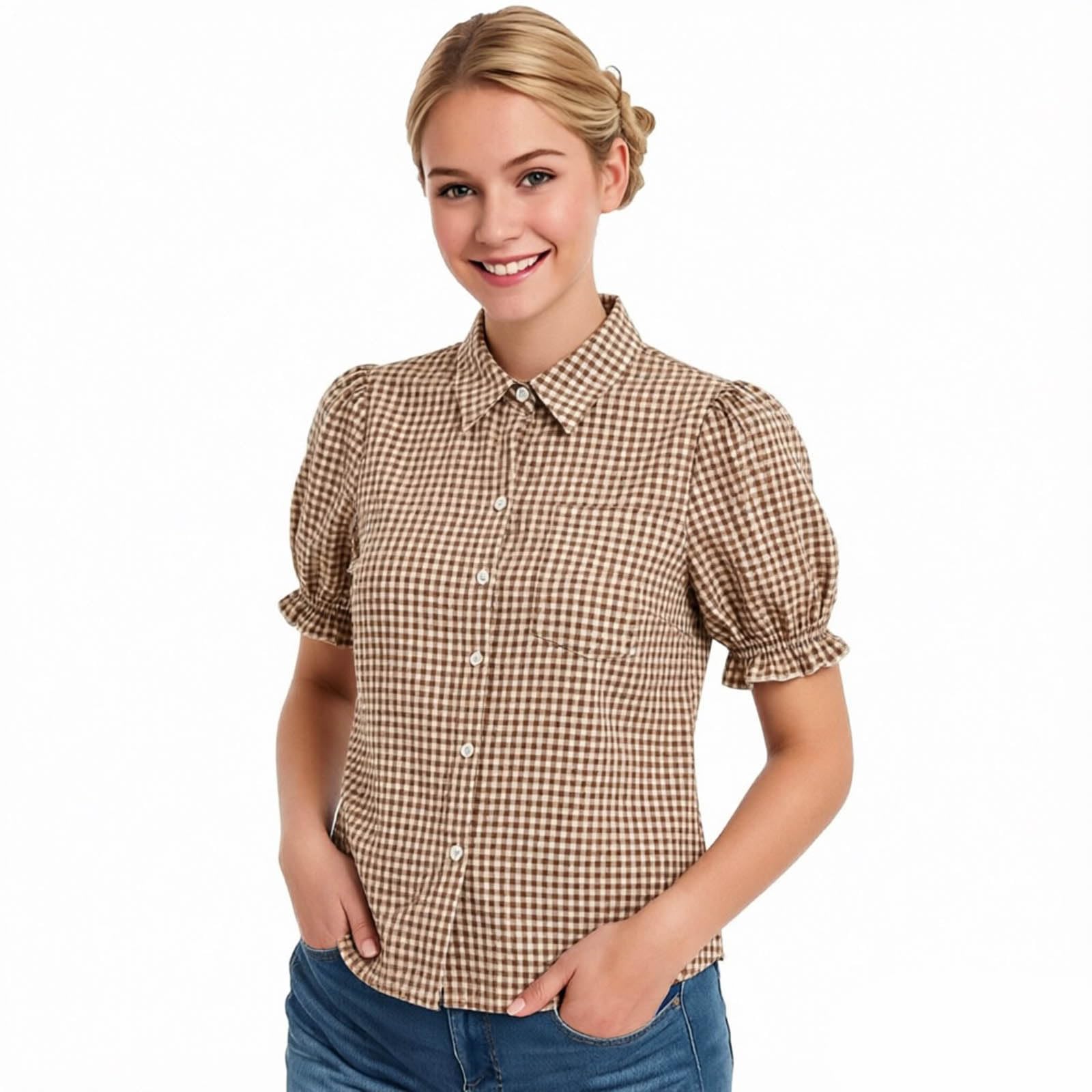 Trachtenbluse Damen Kurzarm Rot Weiß Karierte Bluse mit Knopfleiste Revers Puffärmel Kariertes Trachtenblusen für Oktoberfest Damen Outfit Moderen Bayerisches Trachten Oberteil Karohemd