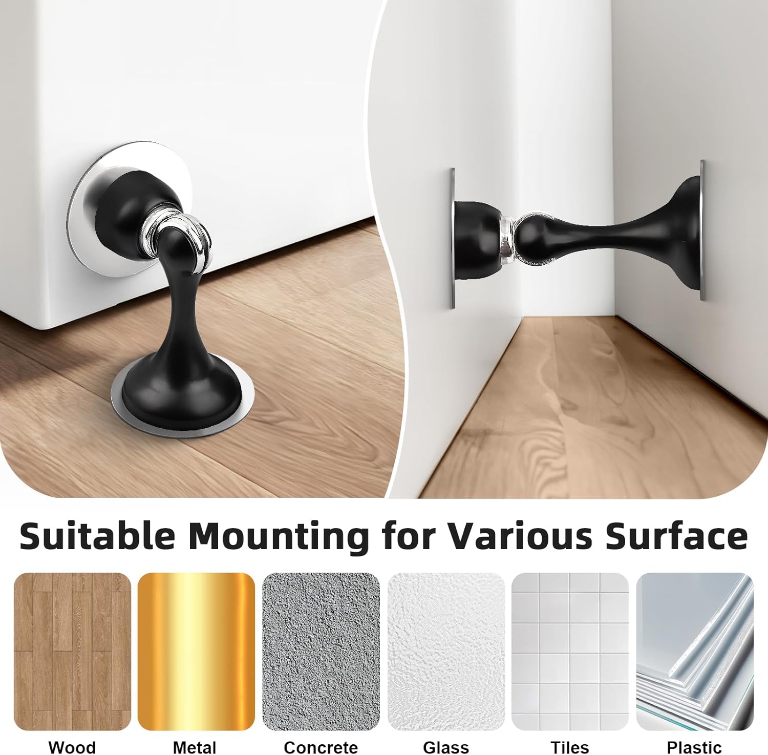 Probrico Black Magnetic Door Stoppers for Bottom of Door, Stainless Steel Magnet Door Catch Door Stop to Keep Door Open, Heavy Duty Door Holder, Wall and Floor Mounting, 8 Pack