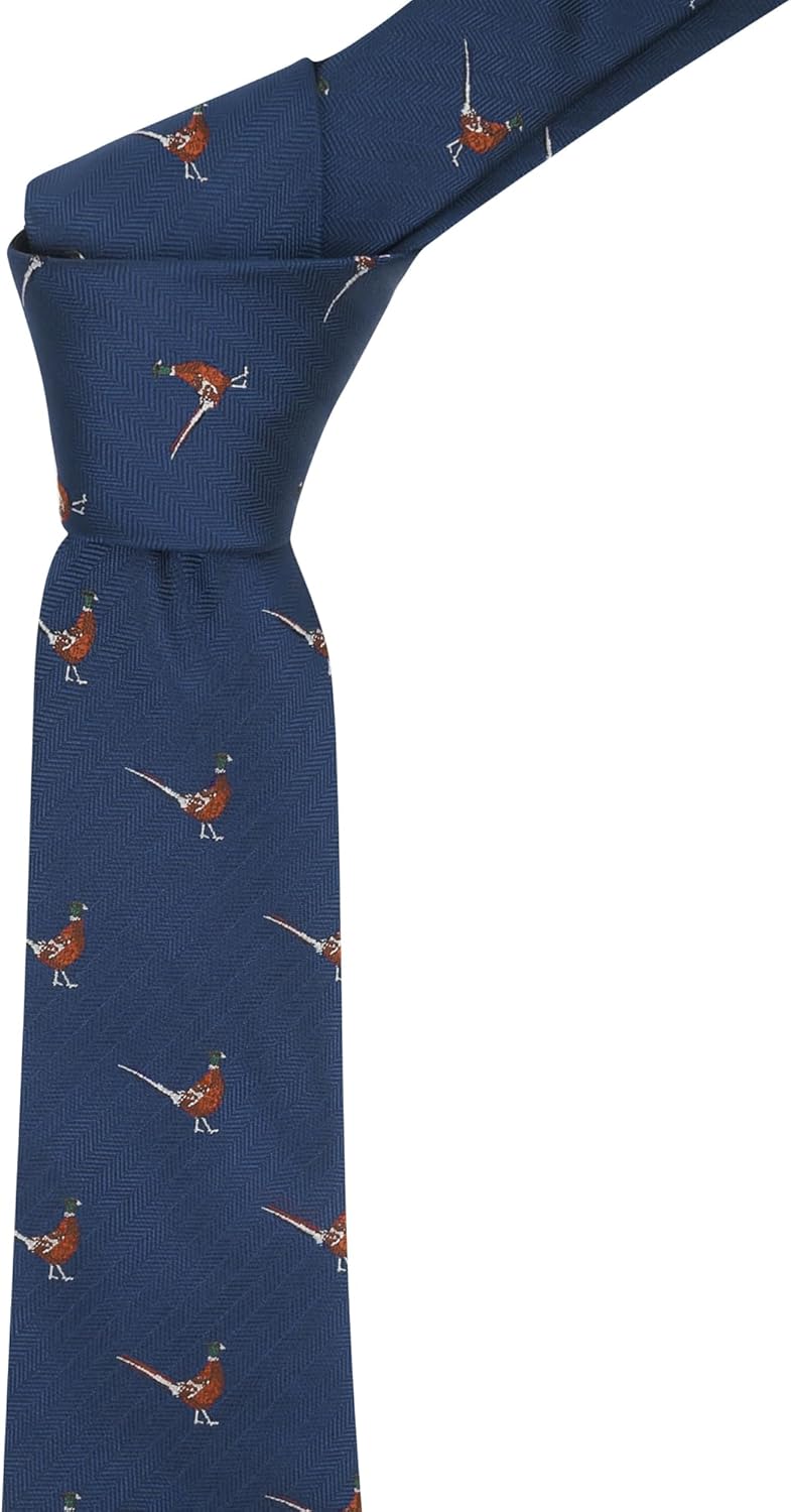 King & Priory Navy Blue Herringbone Embroidered Pheasant Tie