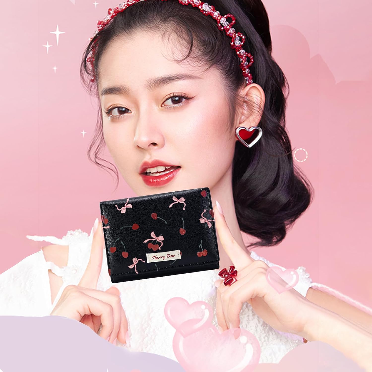 Sunwel Fashion Girls Cute Cherry Print Coquette Bow Wallet Small Wallet Card Holder ID Window for Women (BLACK) - Image 5