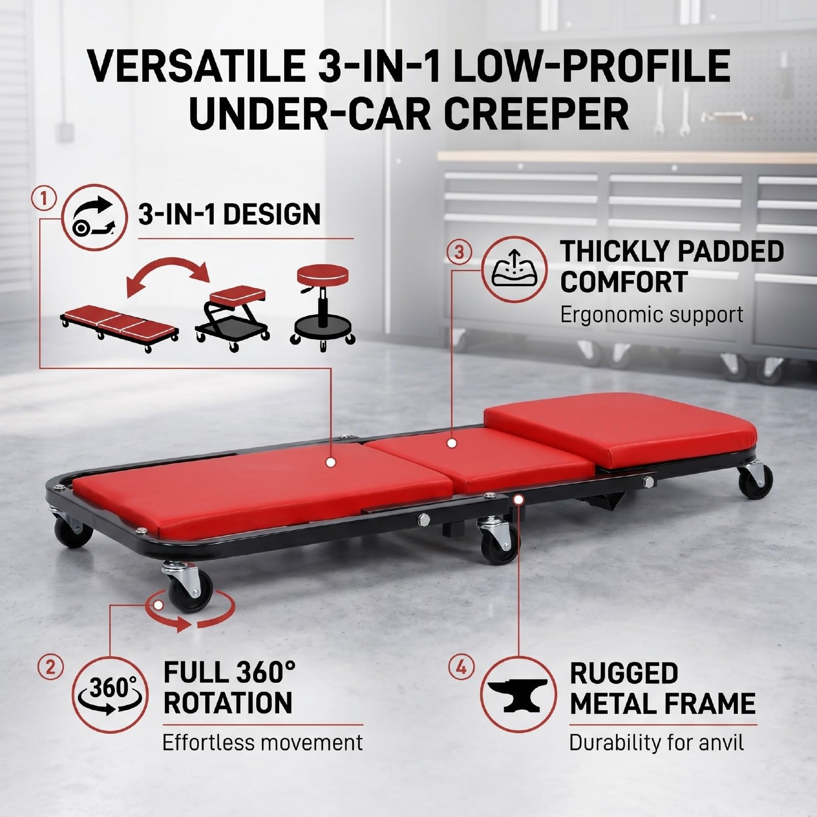 CHICIRIS Camilla para Mecánico Convertible 3 en 1, Asiento con Ruedas Giratorias for Reparación y Mantenimiento de Automóviles (Rojo) | Estructura acolchada gruesa, metal resistente, ruedas giratorias; ideal para taller.