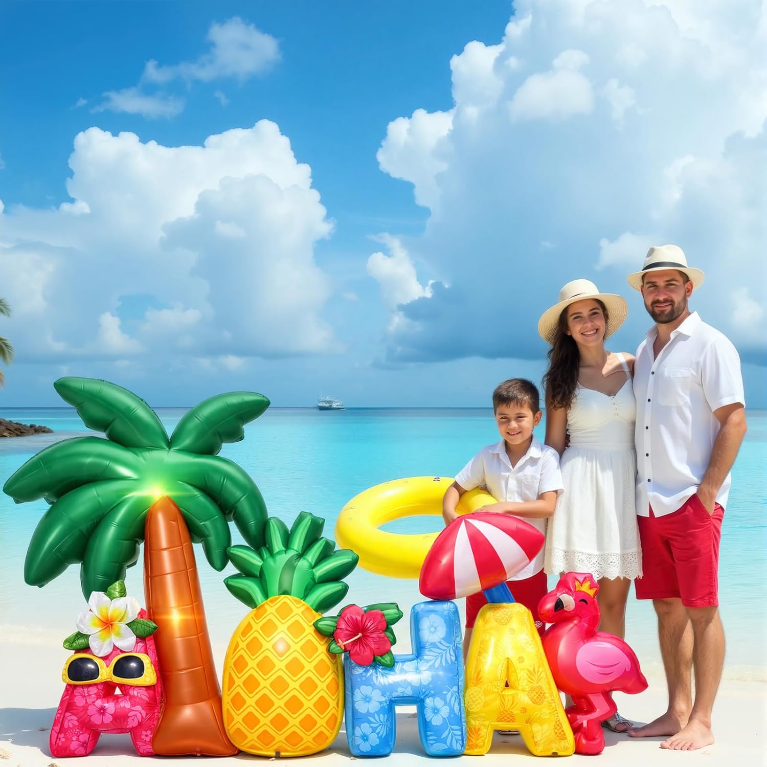 Halloscume 6 ft Hawaii Inflatable Outdoor Decorations Aloha Word Flower Coconut Trees Pineapple Inflatable Decor Built in LED Lights for Spring Summer Yard Lawn Supplies