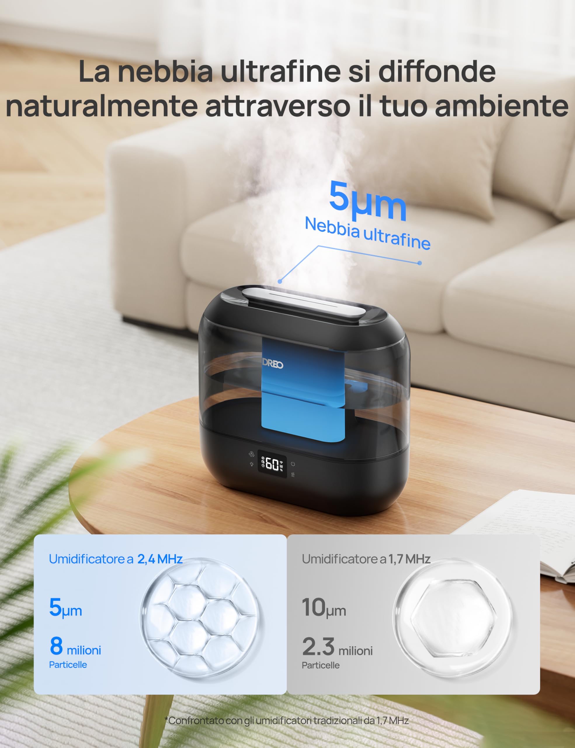 Dreo Umidificatore Smart per la Camera da Letto, Riempimento Superiore da 4L con Nebbia Fredda e Diffusore di Olio e Luce Notturna, Autonomia di 32 ore, Umidificatori Silenziosi per Casa, Ufficio