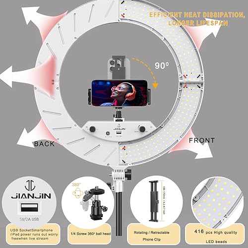 Miniatura 10 de Kit de luz de anillo: 18 pulgadas/17.7 in exterior 55W6700k luz LED regulable, soporte de trípode, control remoto, caja para cámara, smartphone