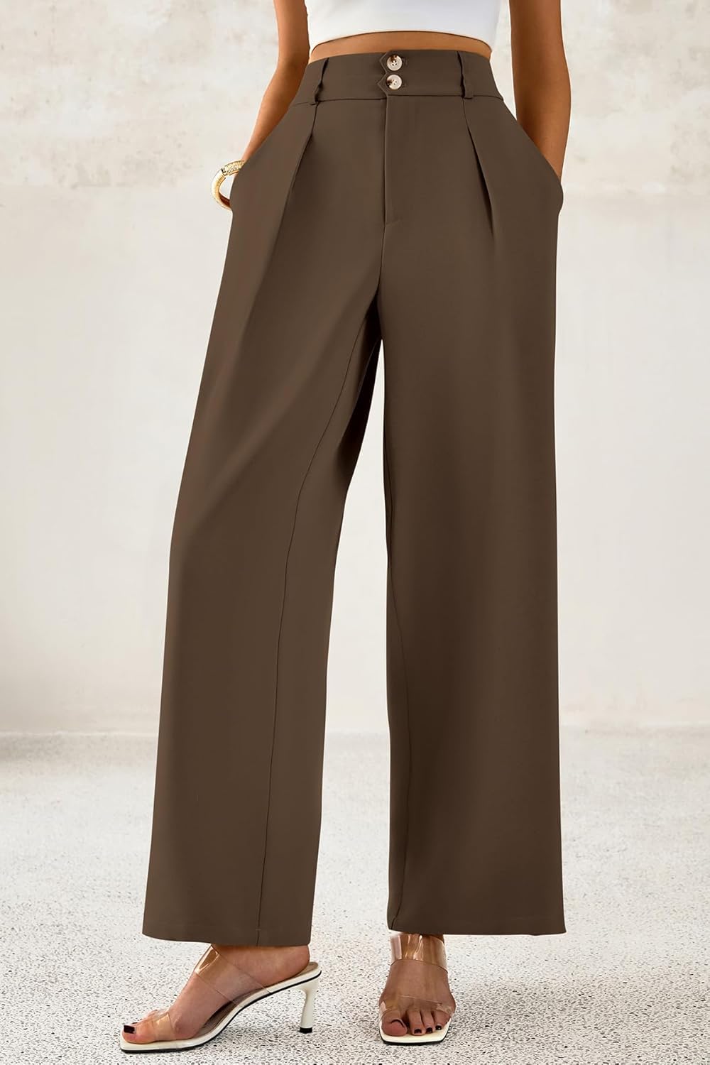 CFLONGE Women Wide Leg Dress Pants High Waist Work Trousers Button Pleated Slacks Palazzo Pants Business Casual Outfits - Image 4